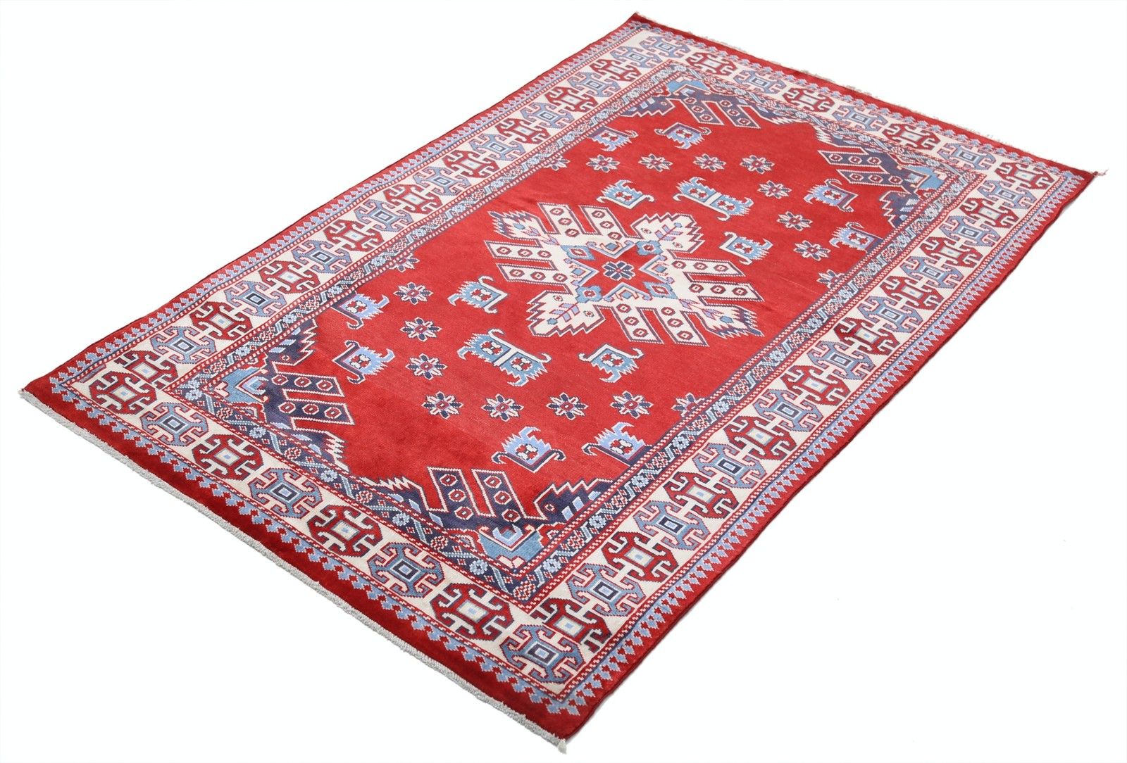 Tapis d'accent tribal noué à la main, rouge, bleu marine, ivoire et bleu clair, 97 x 150 cm photo furniture