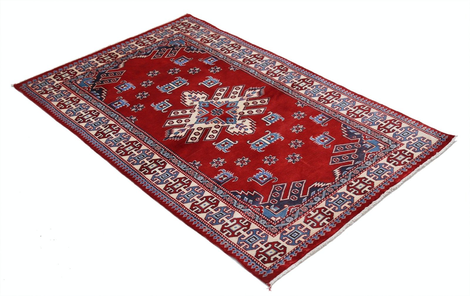 3.2x5 Ft Hand Knotted Tribal Red, Navy Blue, Ivory, Light Blue Accent Rug photo for sale