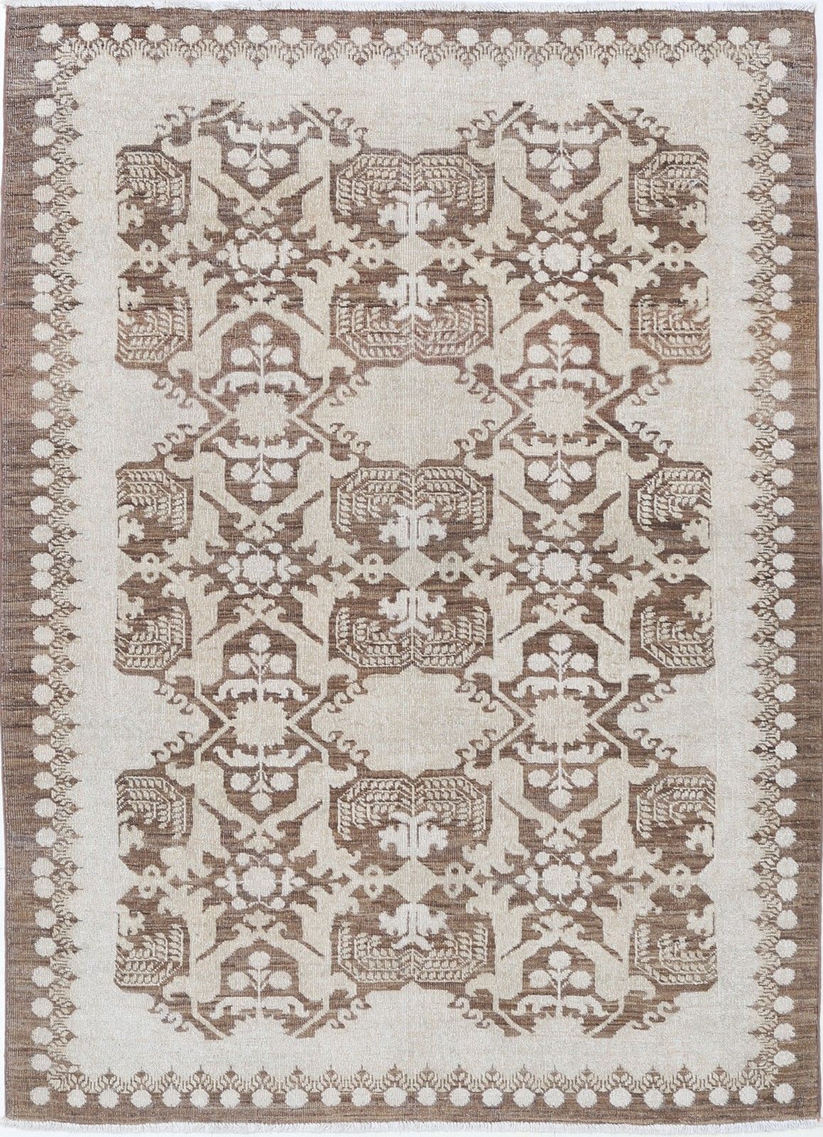4.2x5.7 Ft Traditional Hand Knotted Floral Brown, Ivory Wool Area Rug