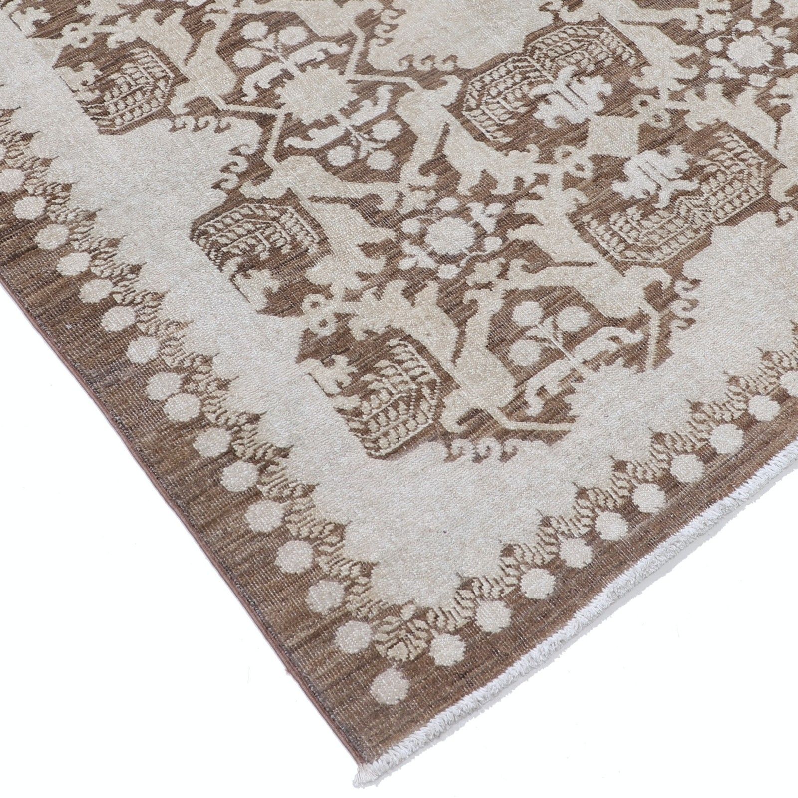 4,2x5,7 ft traditioneel handgeknoopt bloemmotief vloerkleed, bruin en ivoor, wol photo buy