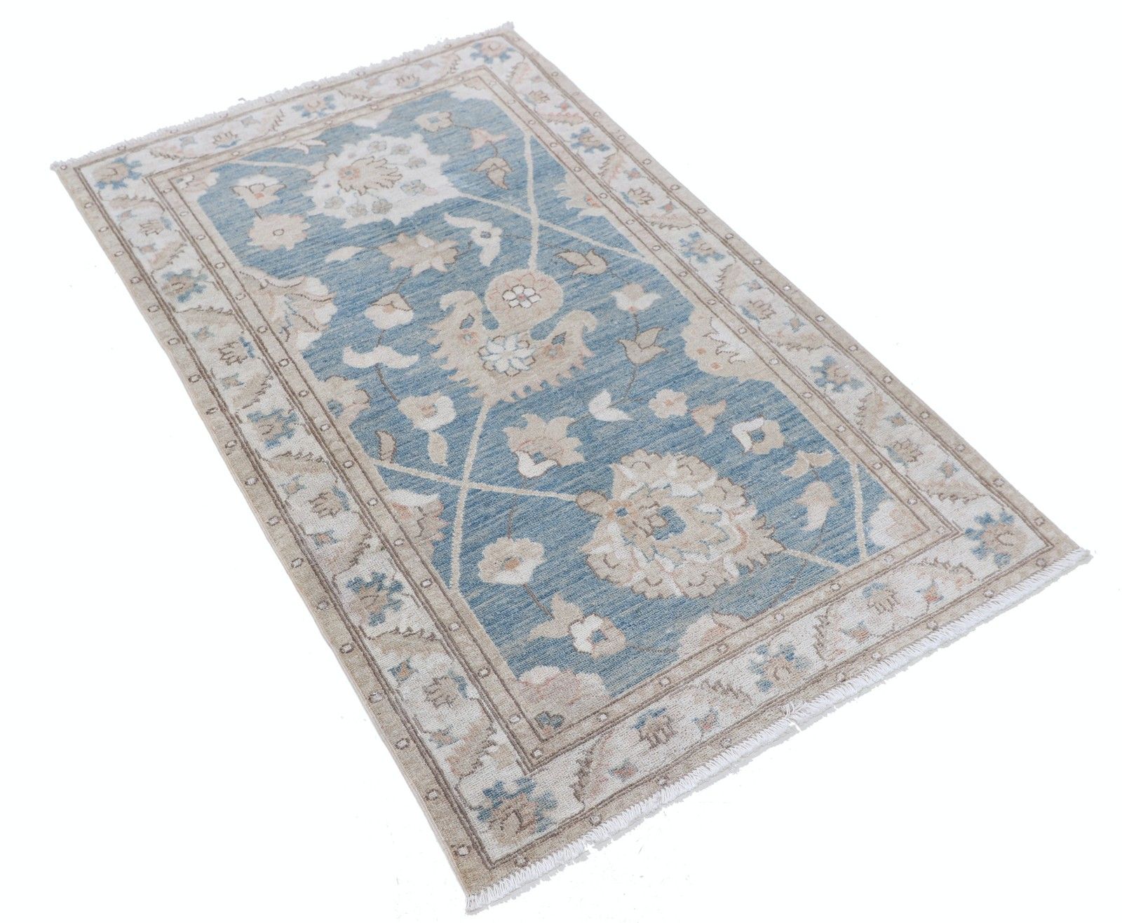 Tapis d'appoint turc Oushak noué à la main, bleu clair, ivoire et beige, 90 x 150 cm photo furniture