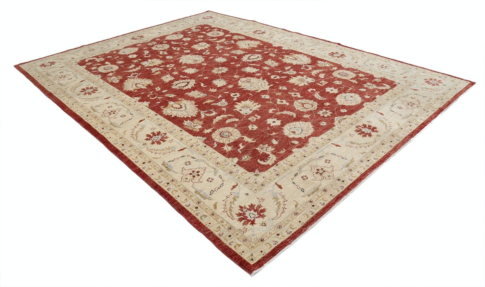 9x12.2 Ft Hand Knotted Floral Turkish Area Rug With Red Field And Ivory Border photo for sale