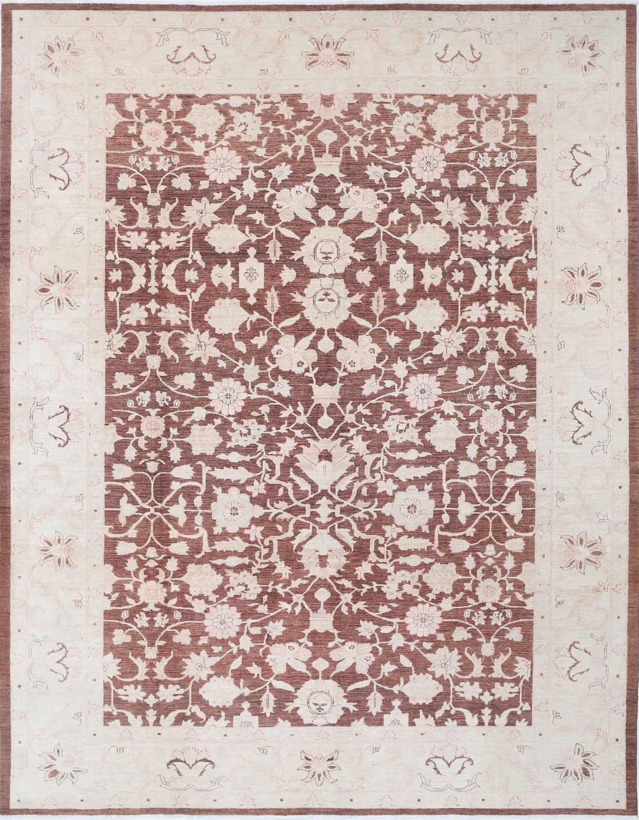 Handgeknoopt Bloemmotief Groot Vloerkleed 275 x 359 cm met Rood Veld en Ivoren Rand