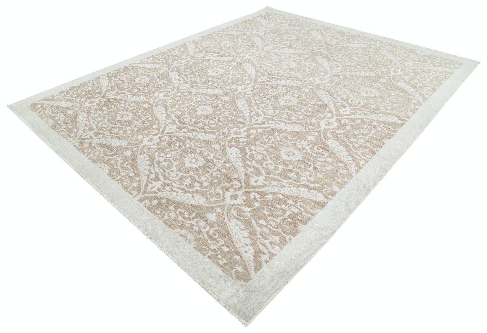 8,3x10,3 ft Handgeknoopt Taupe en Ivoor Vloerkleed met Herhalend Medaillonpatroon photo for sale