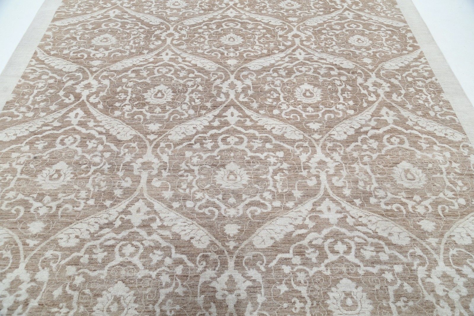 8.3x10.3 Ft Hand Knotted Taupe & Ivory Area Rug With Repeating Medallion Pattern photo 3331.0
