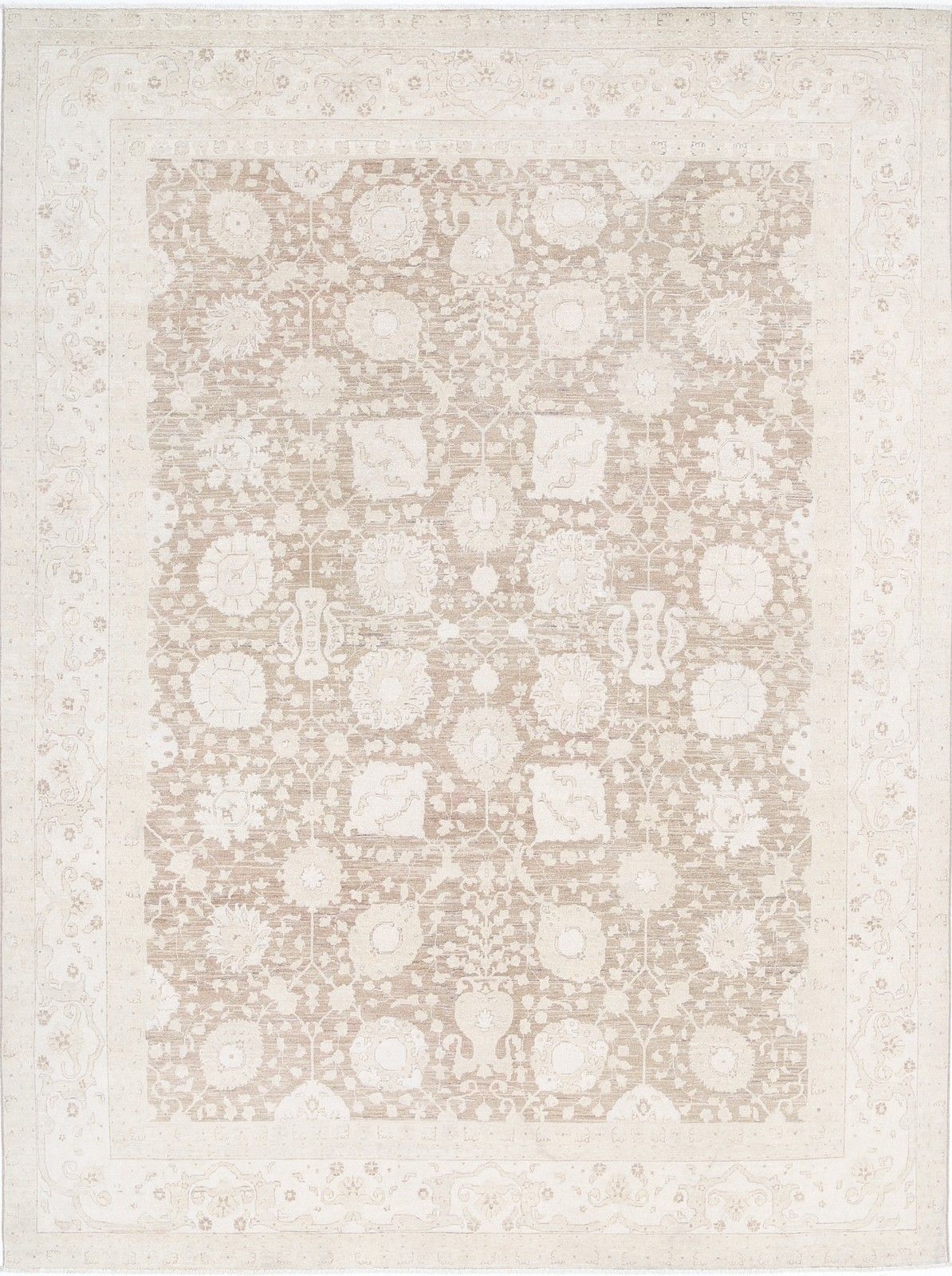 Tapis de style Oushak turc noué à la main 2,60 x 3,65 m, motifs floraux, beige