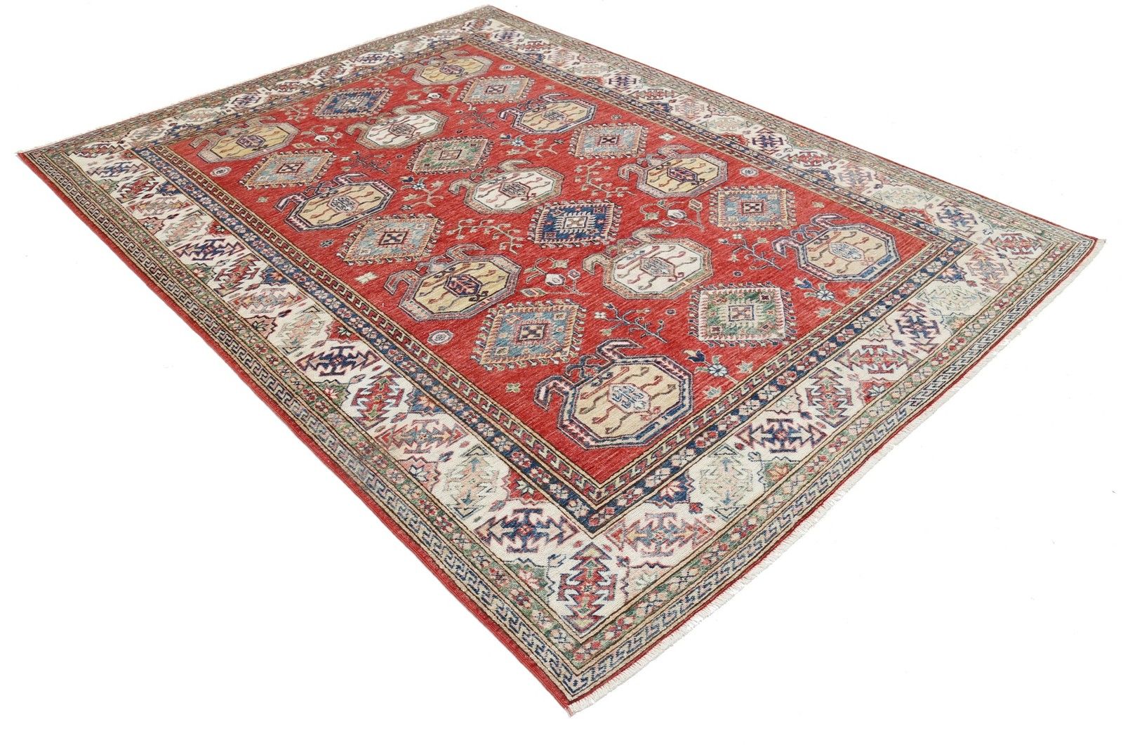 6.6x8.6 Ft Handknotted Red, Ivory, Navy Blue Wool Area Rug With Geometric Design photo furniture