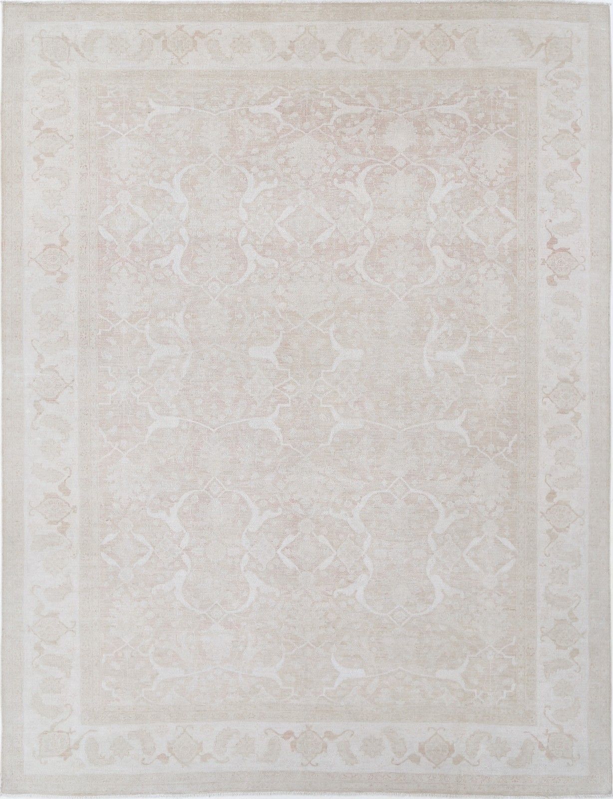 10x13.4 Ft Handknotted Beige, Blush Wool Area Rug. Turkish Geometric Carpet