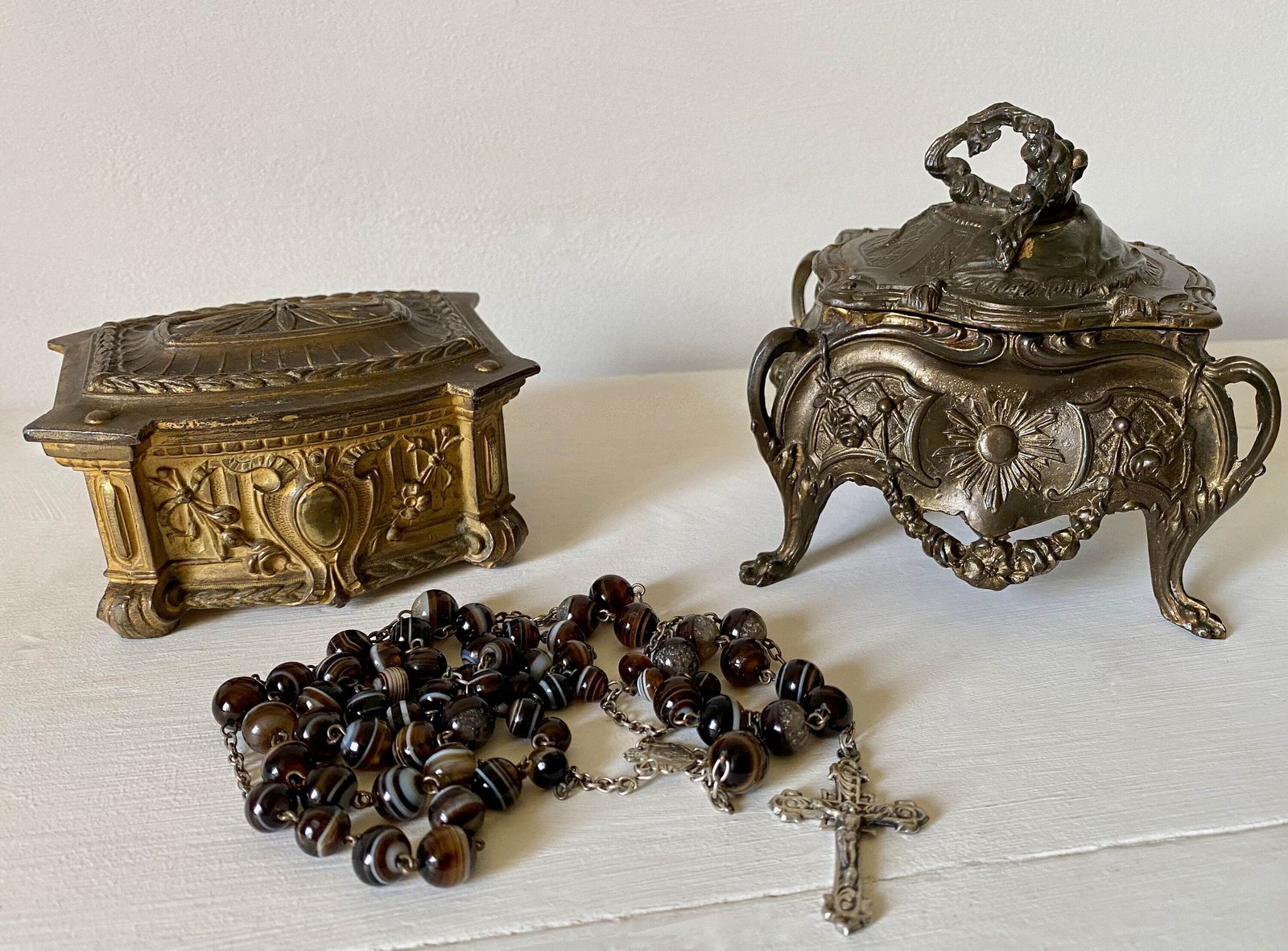 photo for sale Antique French Regule Jewelry Box: Napoleon III, Tufted Silk Interior
