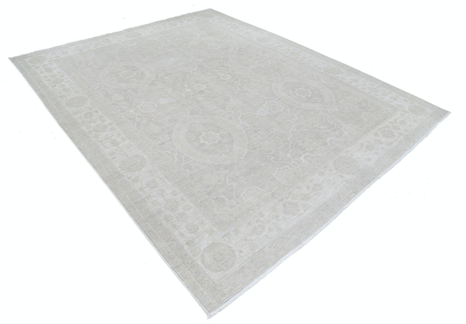 Grand tapis noué à la main 8 x 9,7 pi pour salon. Tapis en laine beige photo furniture