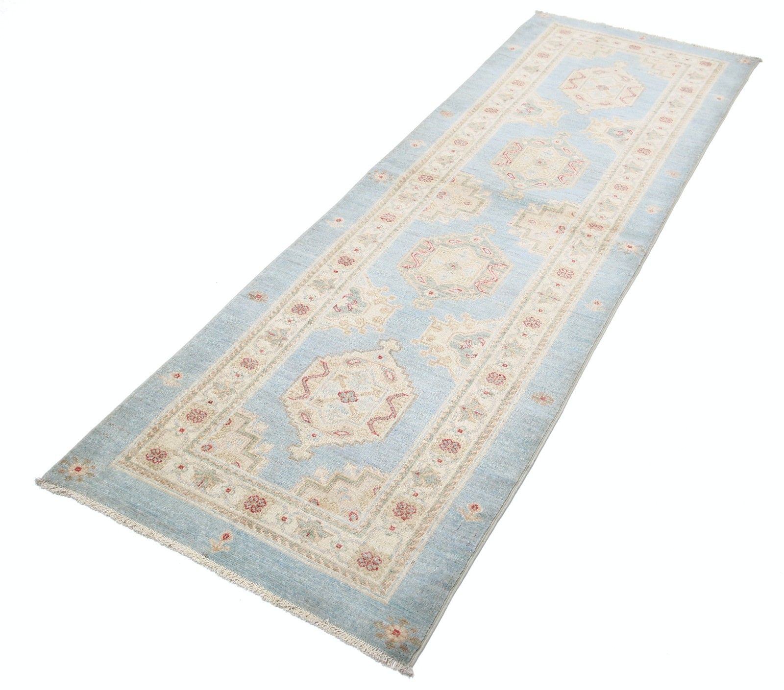 2,7x8 ft lichtblauw, beige, rood loperkleed. Handgeknoopt gangkleed. Keukenkleed photo for sale