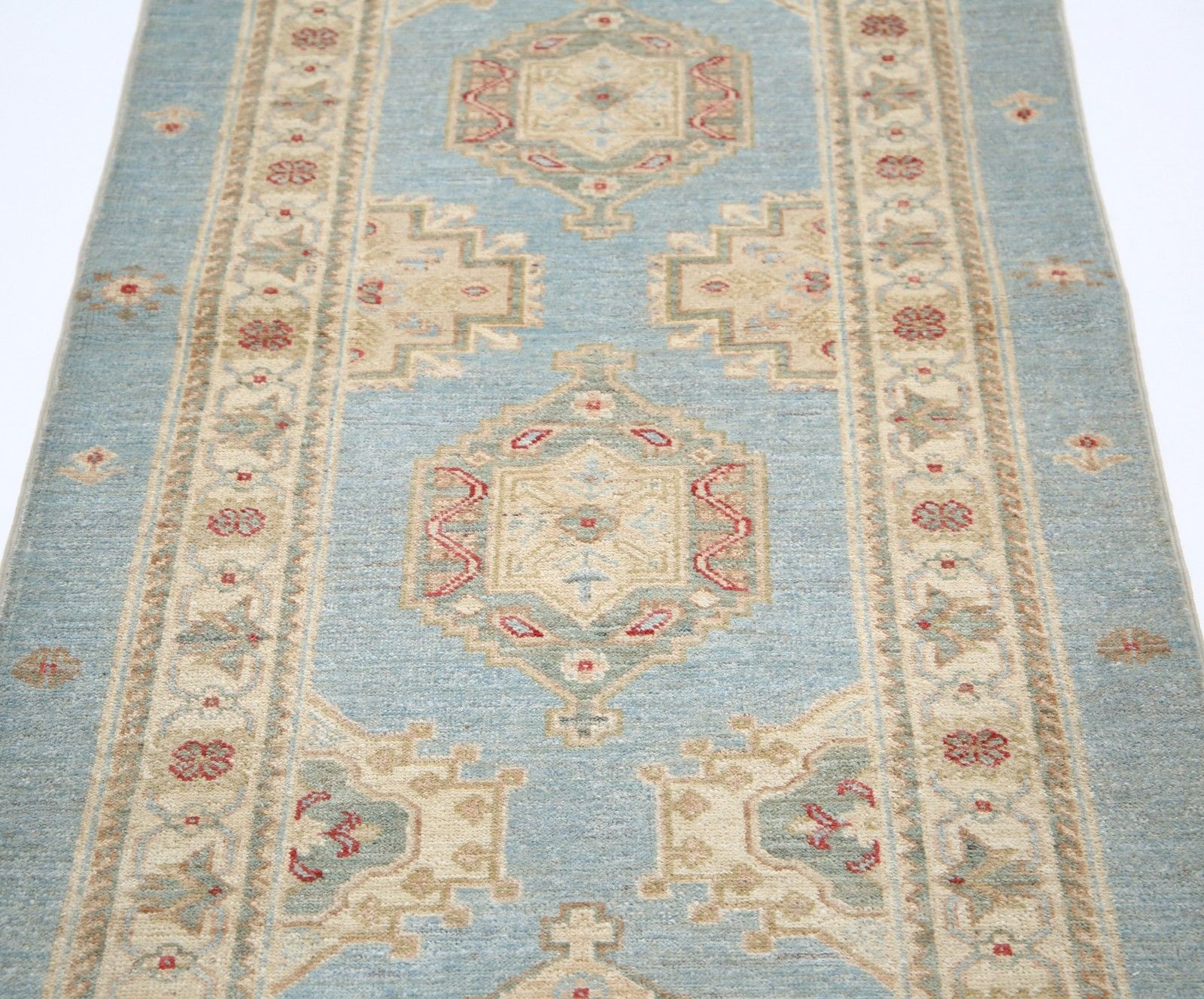2,7x8 ft lichtblauw, beige, rood loperkleed. Handgeknoopt gangkleed. Keukenkleed photo 1064.0