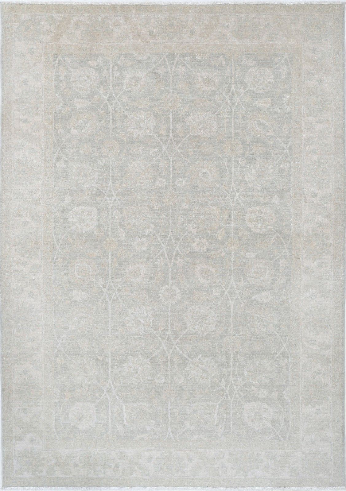 6,2 x 9 ft handgeknoopt beige Turks Oushak vloerkleed met bloemmotief