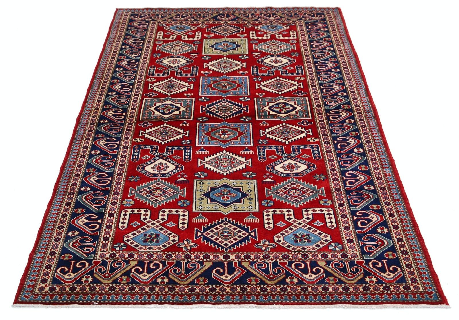 4.2x6 Ft Hand Knotted Red, Blue And Beige Accent Rug With Tribal Motif photo Textiles