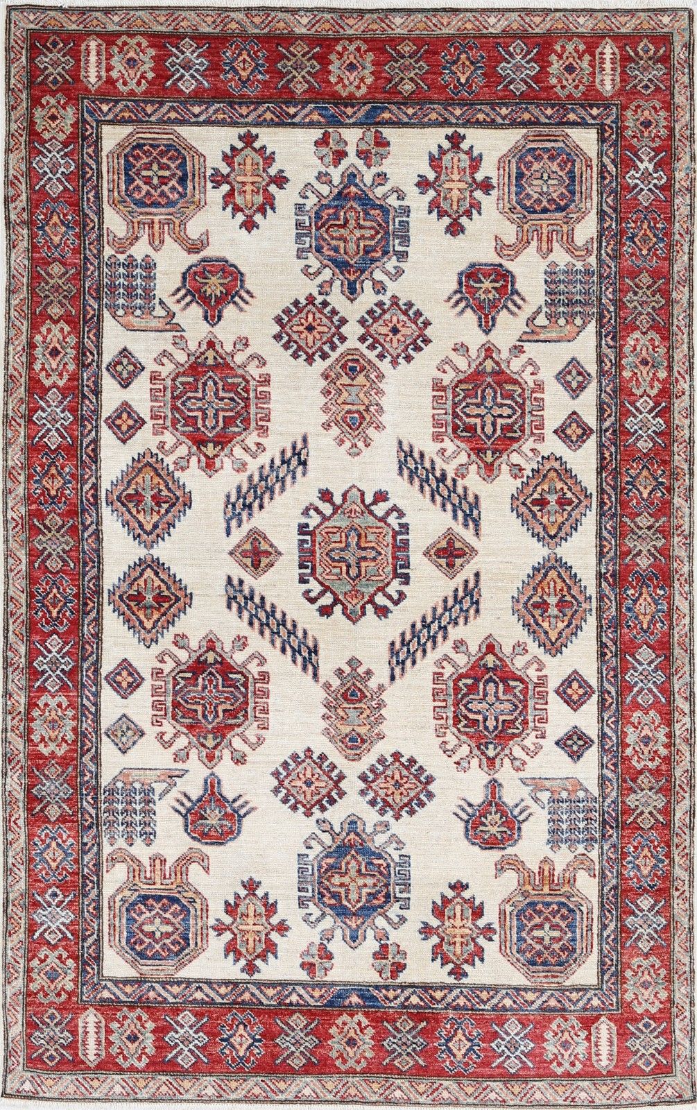 4x6,5 ft Handgeknoopt Bloemen Beige Vloerkleed. Tribal Accentkleed Voor Entree. 100% Wol