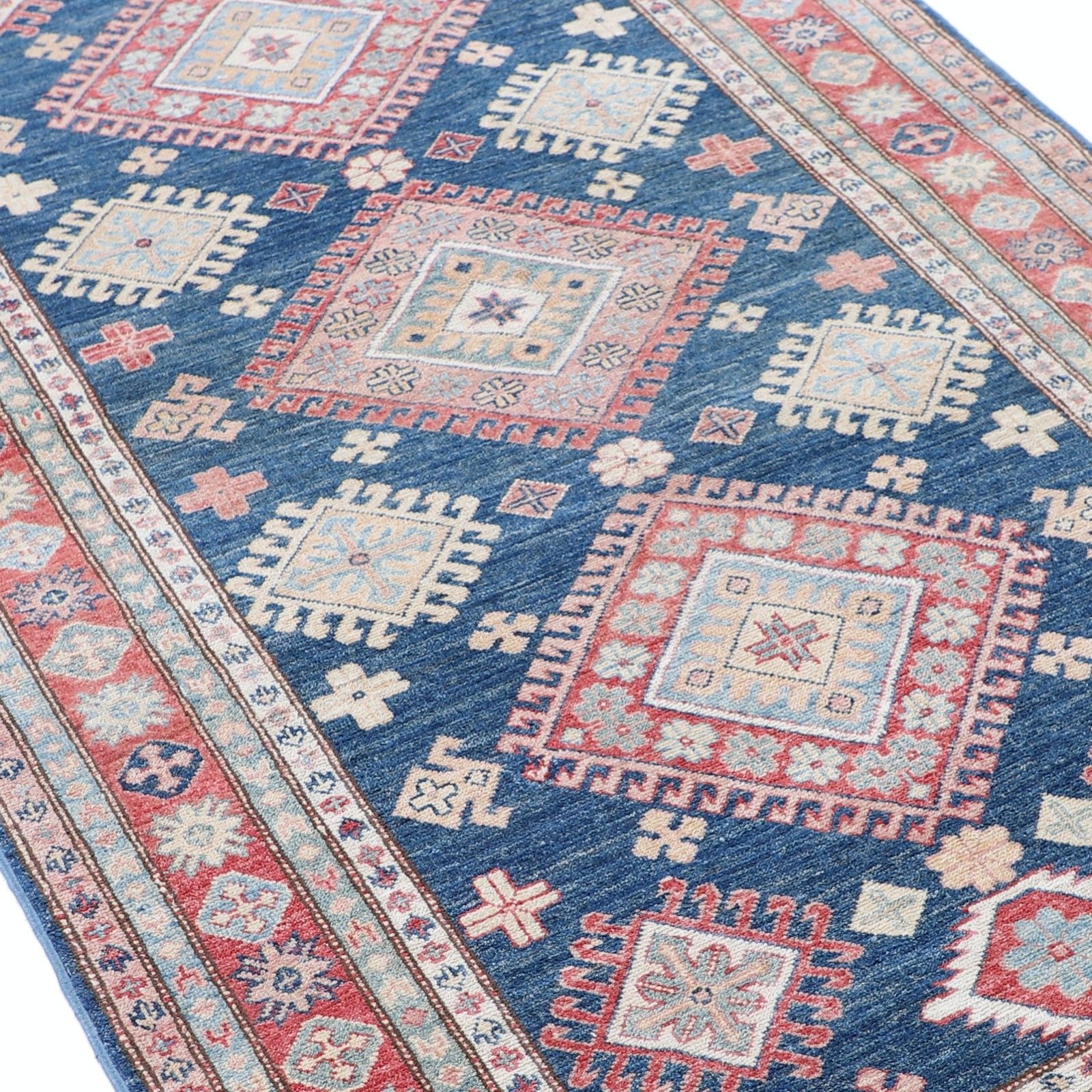 Tapis en laine noué à la main, bleu marine, rouge et ivoire, à motif géométrique - 1,07 x 1,94 m photo buy