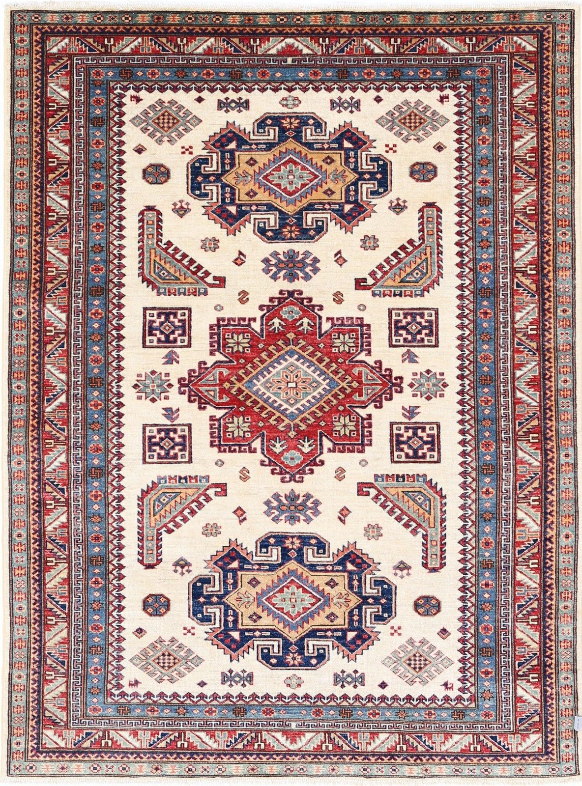 5x7 Ft Handknotted Red, Ivory, Navy Blue Turkish Area Rug With Geometric Design