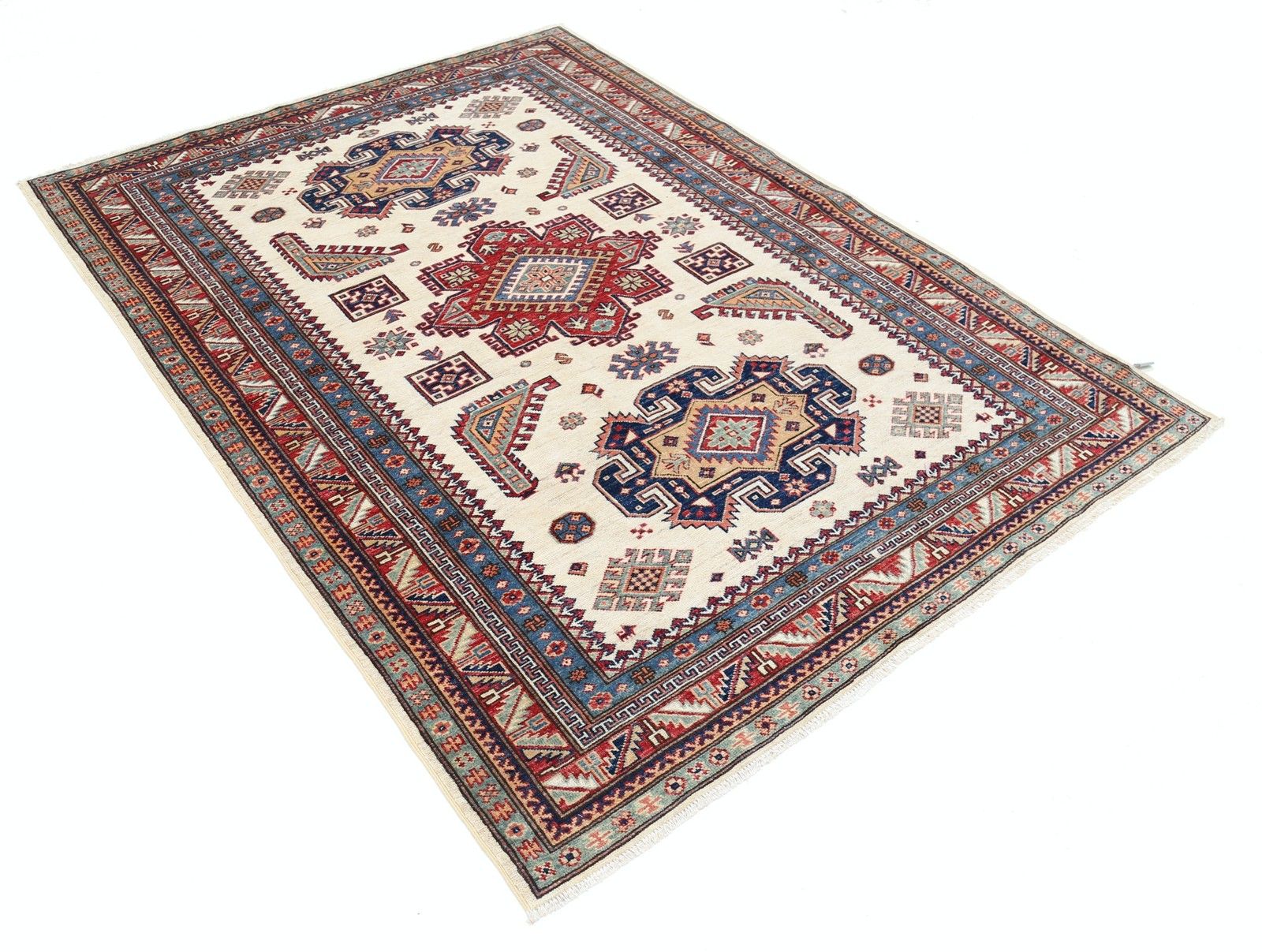 5x7 Ft Handknotted Red, Ivory, Navy Blue Turkish Area Rug With Geometric Design photo furniture