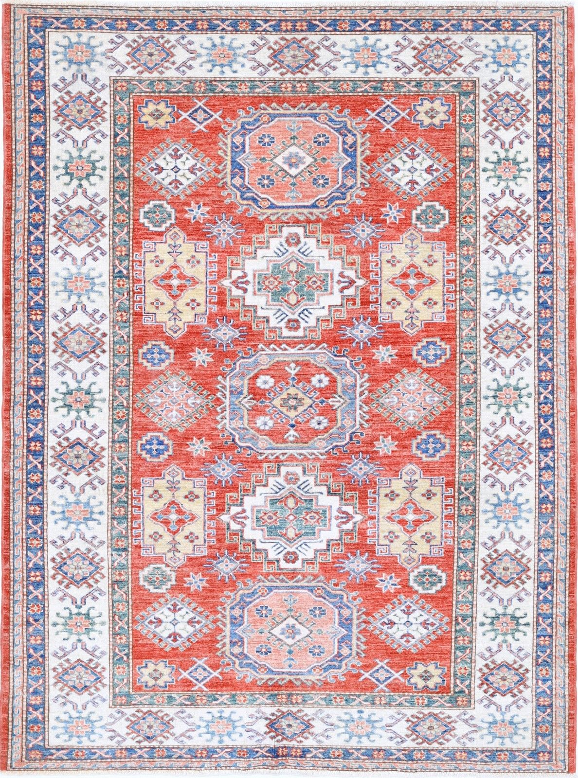Tapis de zone artisanal 150 x 206 cm, rouge, bleu clair et ivoire, tapis géométrique turc