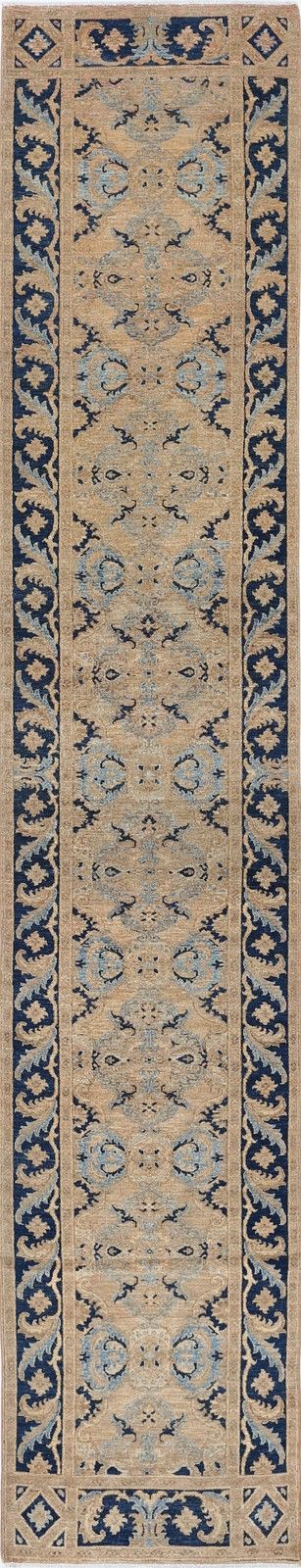Tapis de couloir noué à la main, beige, bleu marine et bleu clair, 3 x 17 pi, 100 % laine