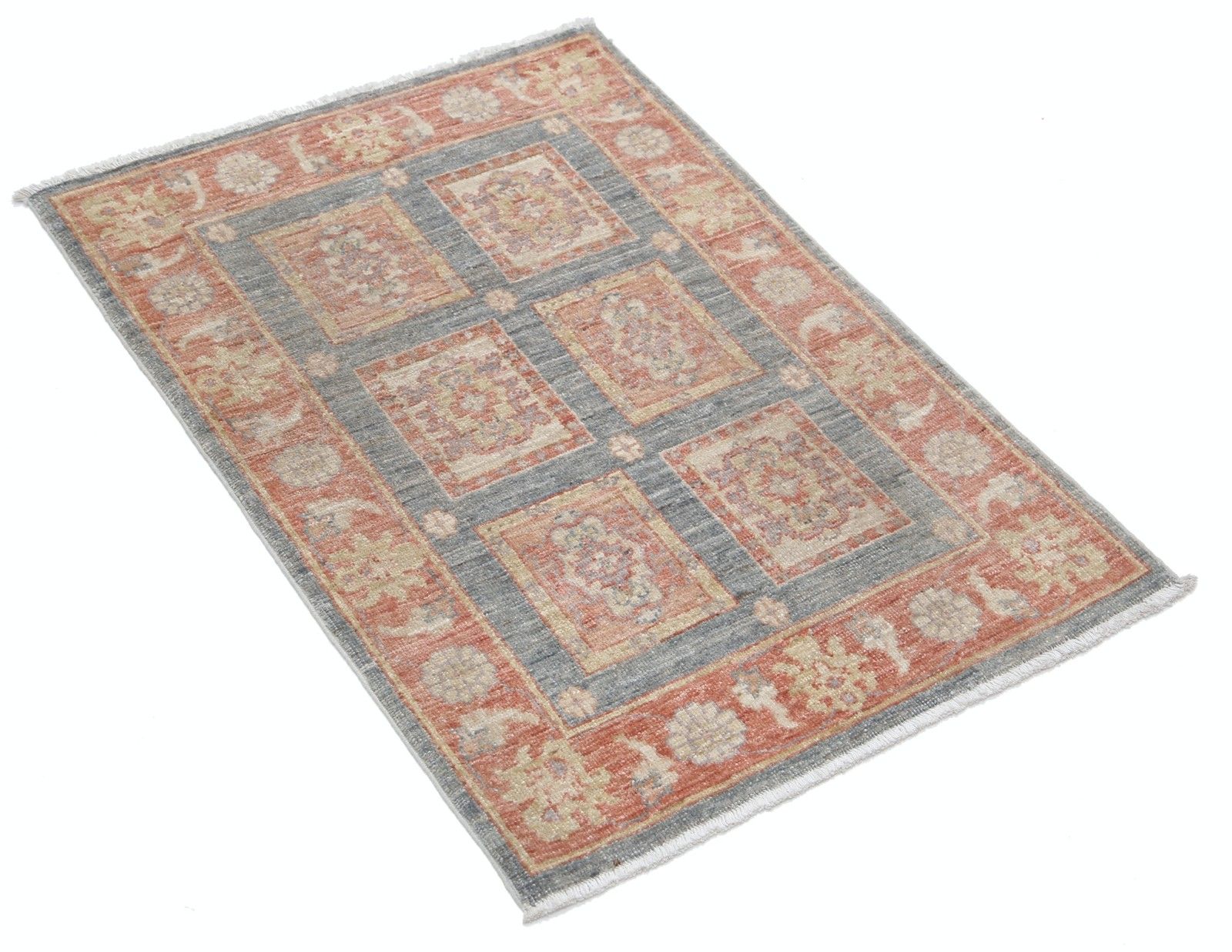 2.2x3 Ft Hand Knotted Coral, Gray, Ivory Wool Accent Rug With Geometric Design photo furniture