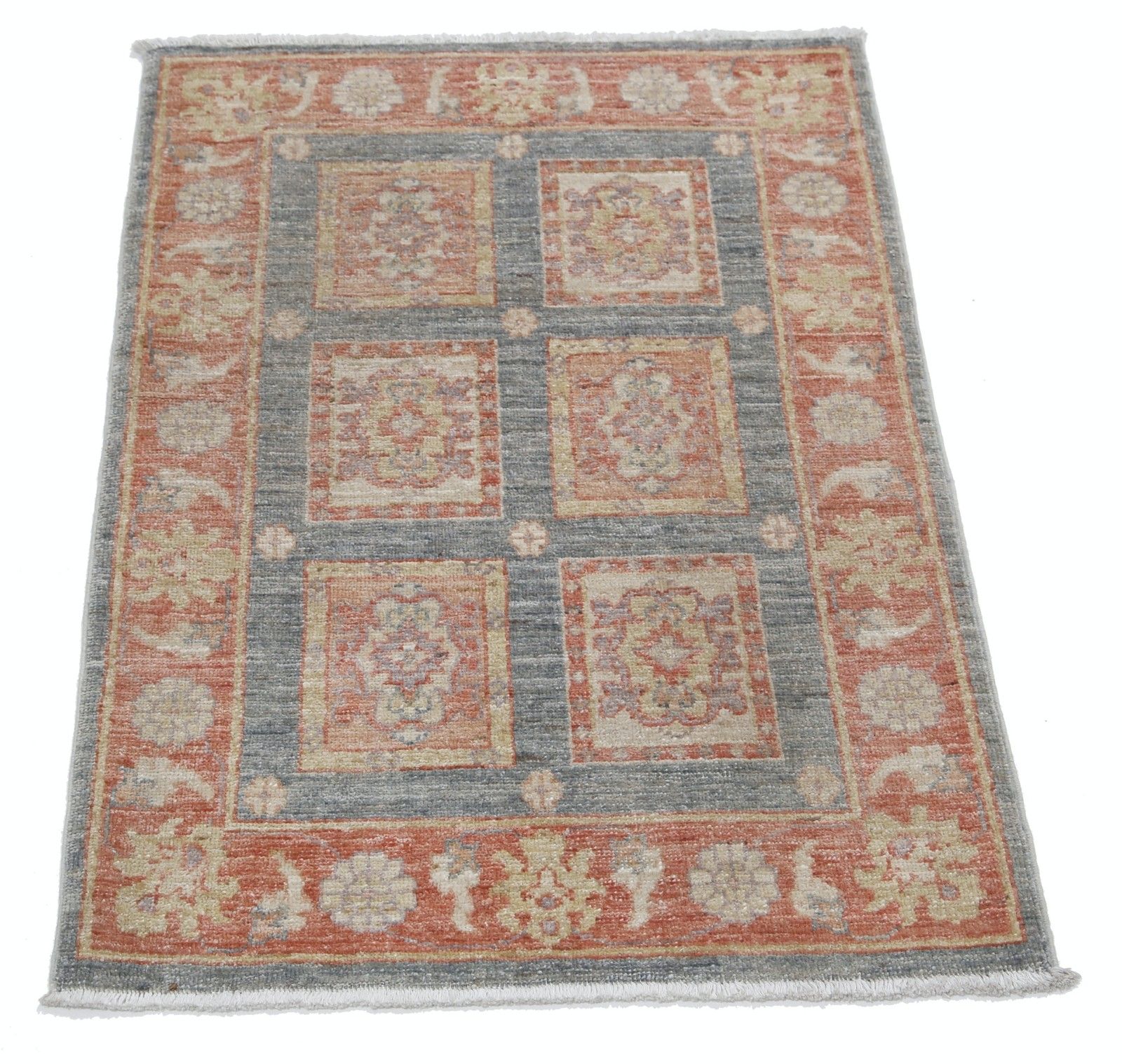 2.2x3 Ft Hand Knotted Coral, Gray, Ivory Wool Accent Rug With Geometric Design photo Textiles