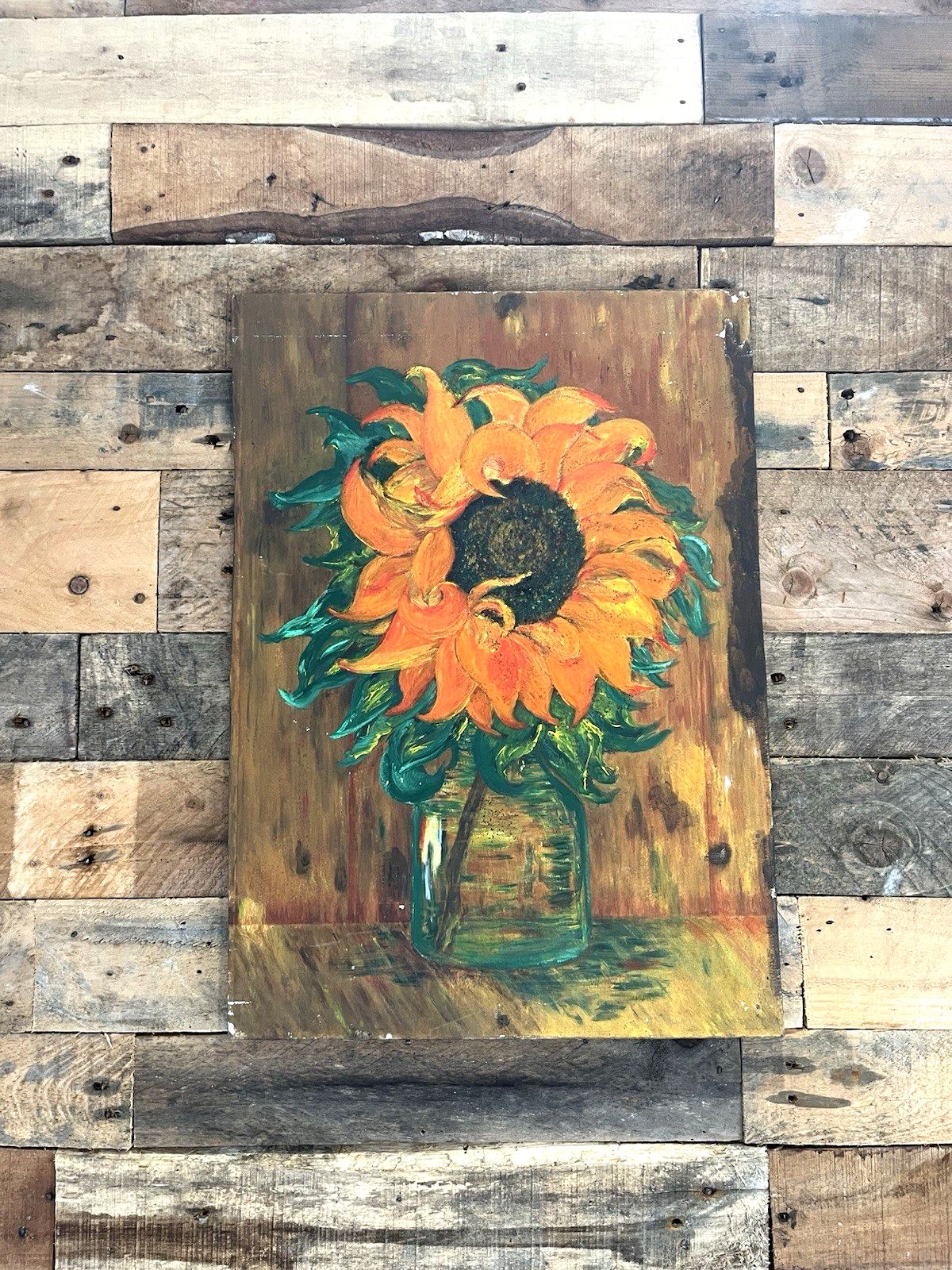 photo for sale Vintage Original Floral Sunflower Still Life Oil Board Painting Van Gogh Style