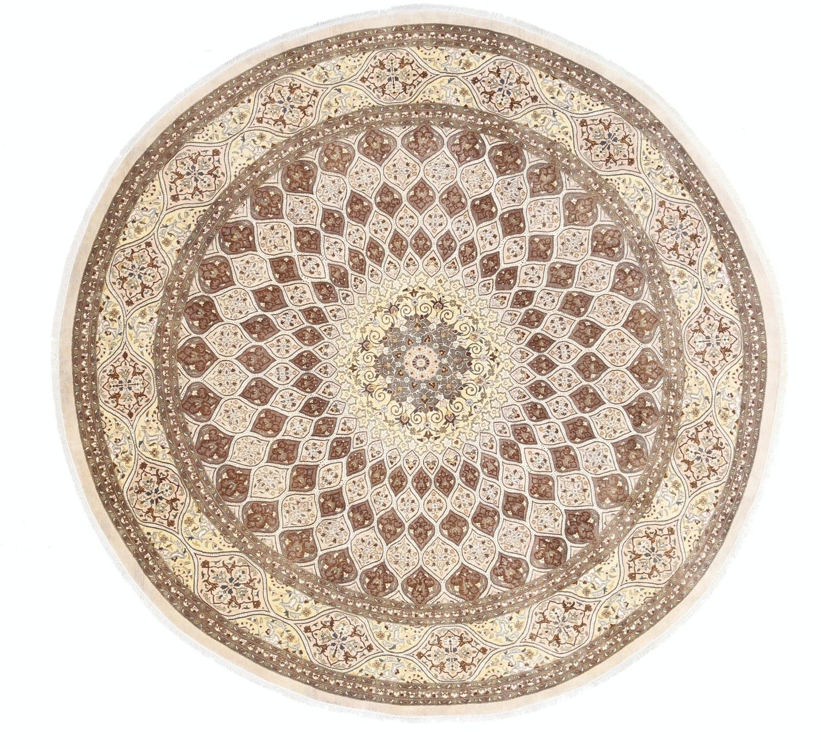 Tapis rond fait main, 12 x 12 pi - motif tribal marron et beige, 364 x 364 cm