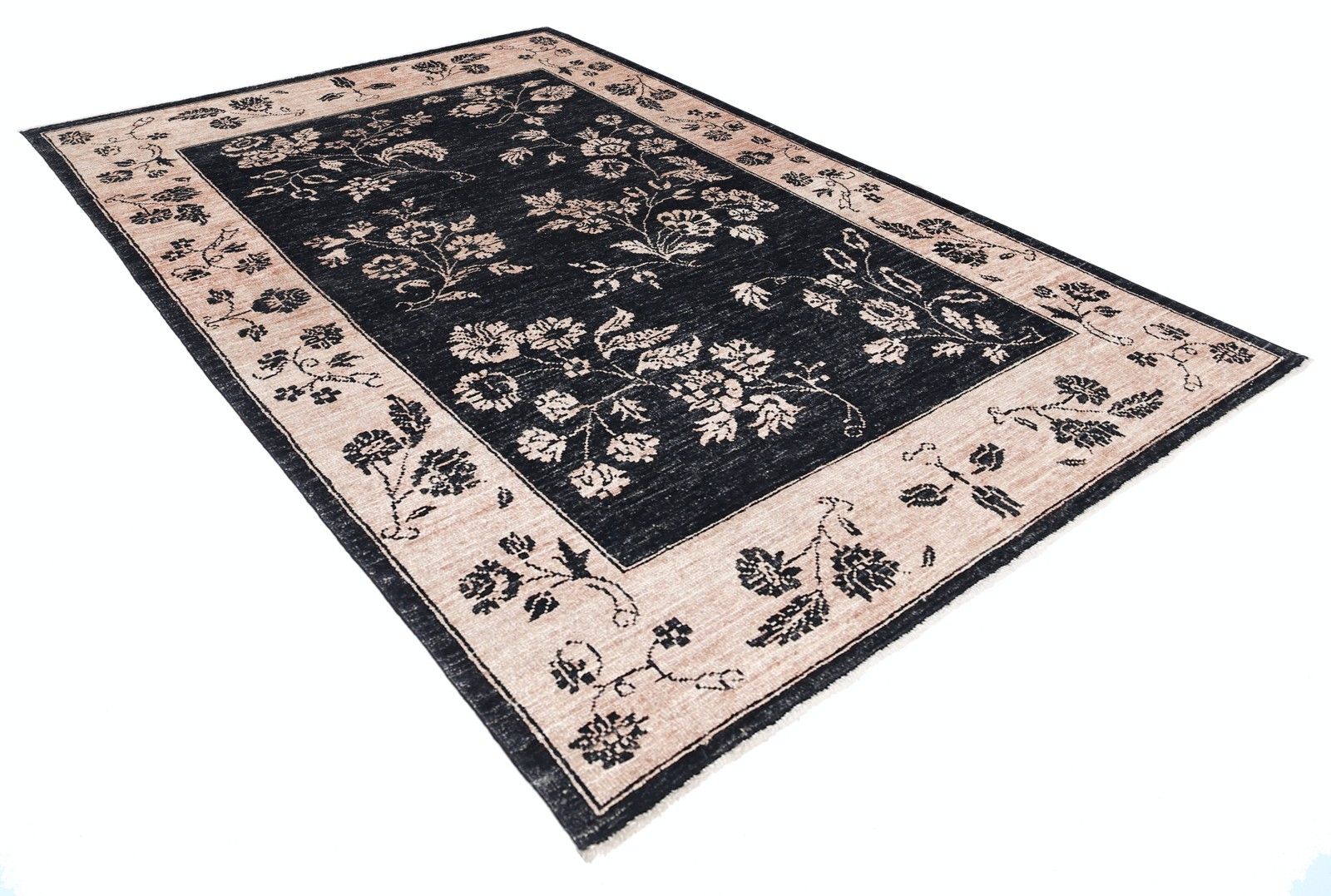 3,4x5 Ft Handgeknoopt Zwart, Blush Wollen Vloerkleed. Turks Floraal Motief Accentkleed photo furniture