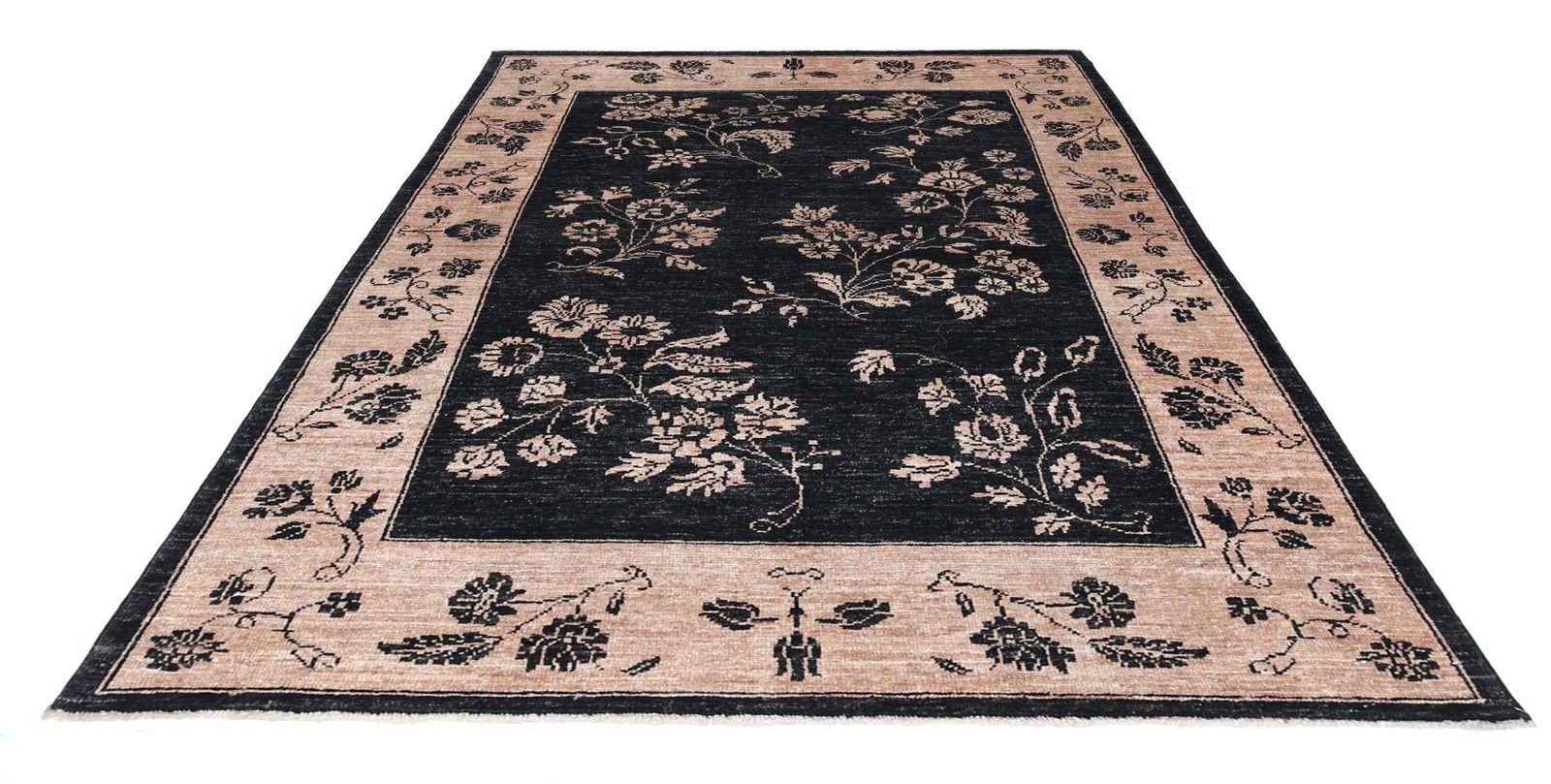 Tapis en laine noué à la main, motif floral turc, noir et rose poudré, 102 x 153 cm photo Textiles