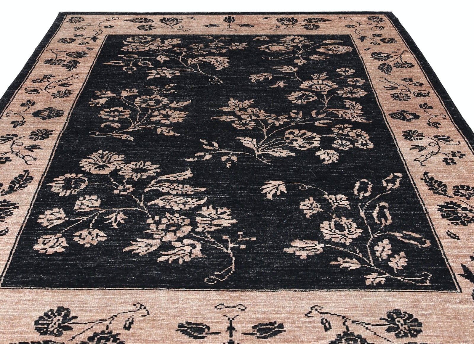 Tapis en laine noué à la main, motif floral turc, noir et rose poudré, 102 x 153 cm photo buy