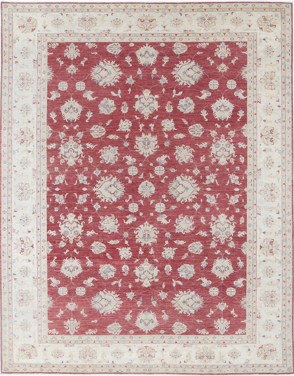 Handgeknoopt Bloemen Turks Vloerkleed 274 x 354 cm met Rood Veld en Ivoren Rand