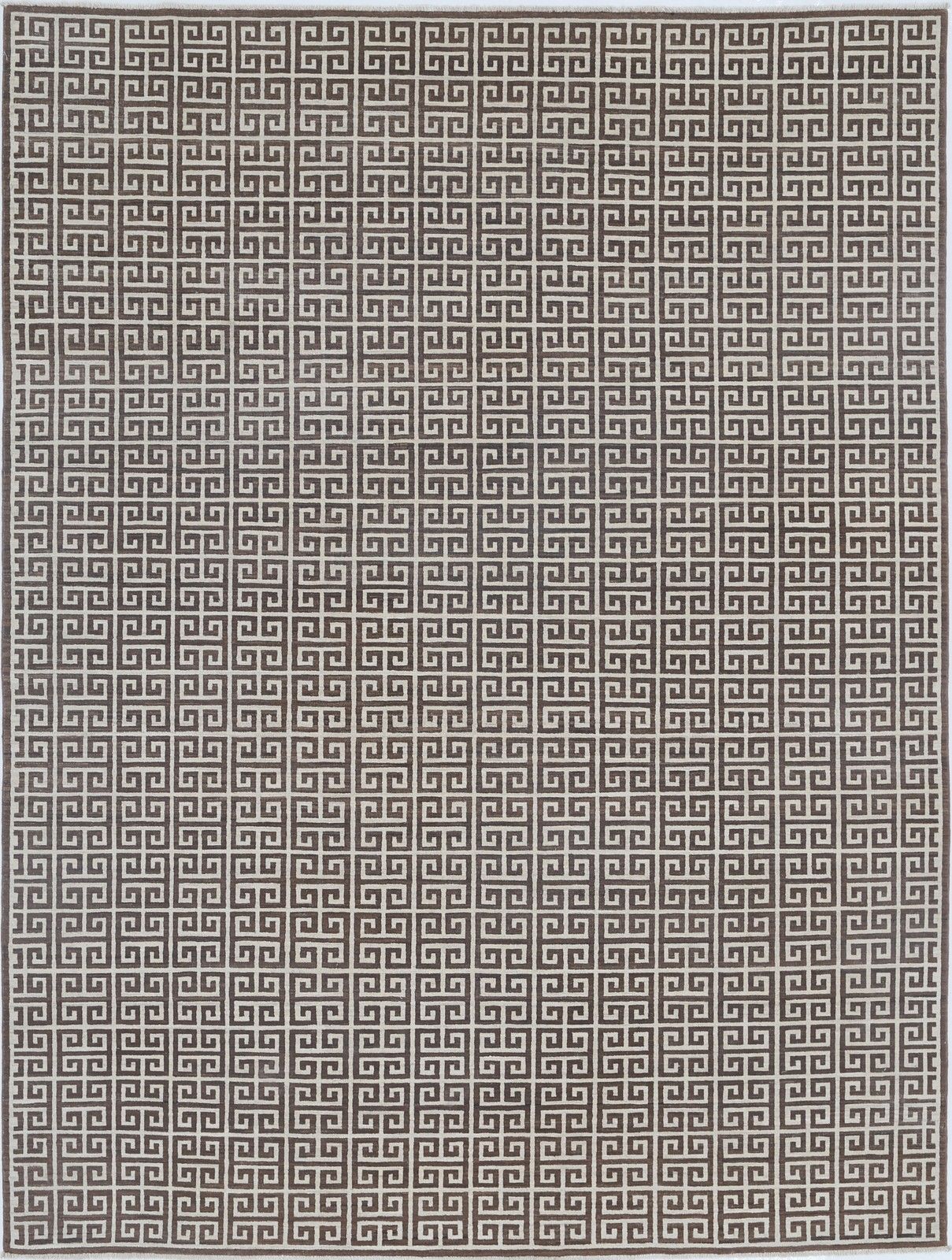Tapis en laine turc noué à la main 214 x 282 cm. Tapis de sol à motif grec en beige et marron