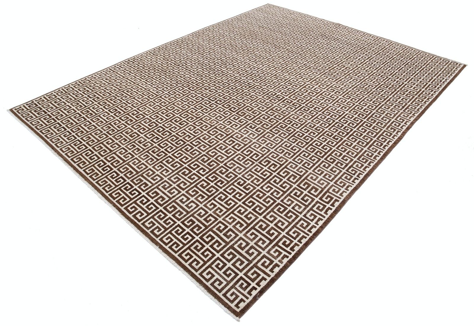 7x9,3 ft Handgeknoopt Turks Wollen Vloerkleed. Beige en Bruin Grieks Sleutelpatroon Vloerkleed photo for sale