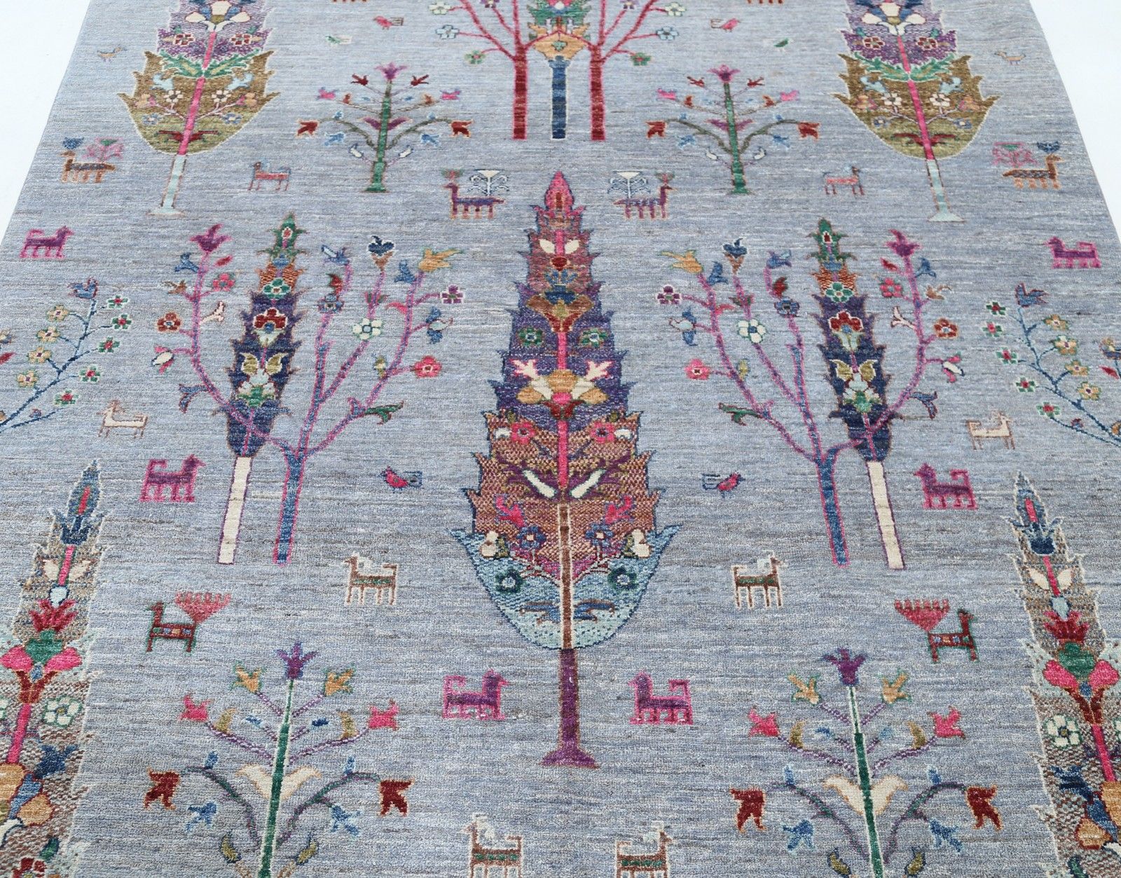5.7x8.2 Ft Handmade Gray Floral & Tree Motif Area Rug In Multicolor Tones photo for sale