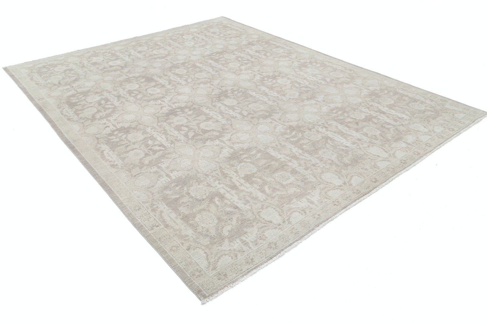 Tapis en laine noué à la main, motif floral, beige, grand format 8x10 pi, pour salon photo furniture