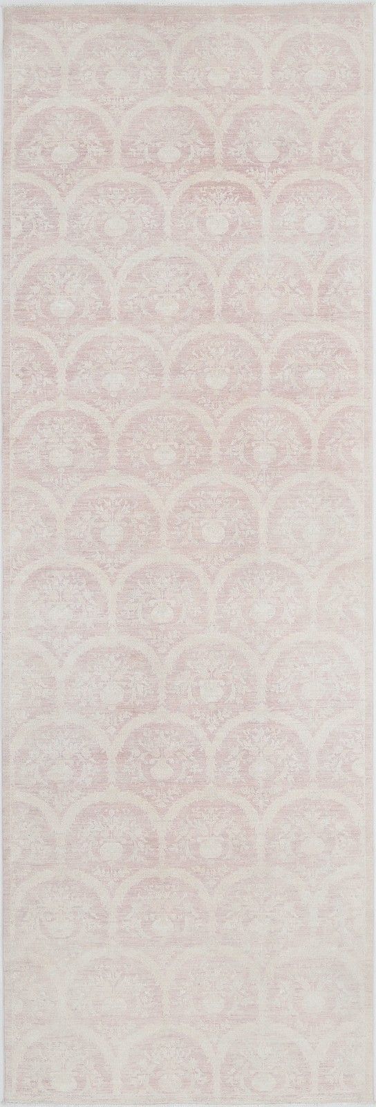4x12.2 Ft Hand Knotted Ivory, Pale Pink Runner Rug. Ogee Trellis Design Rug