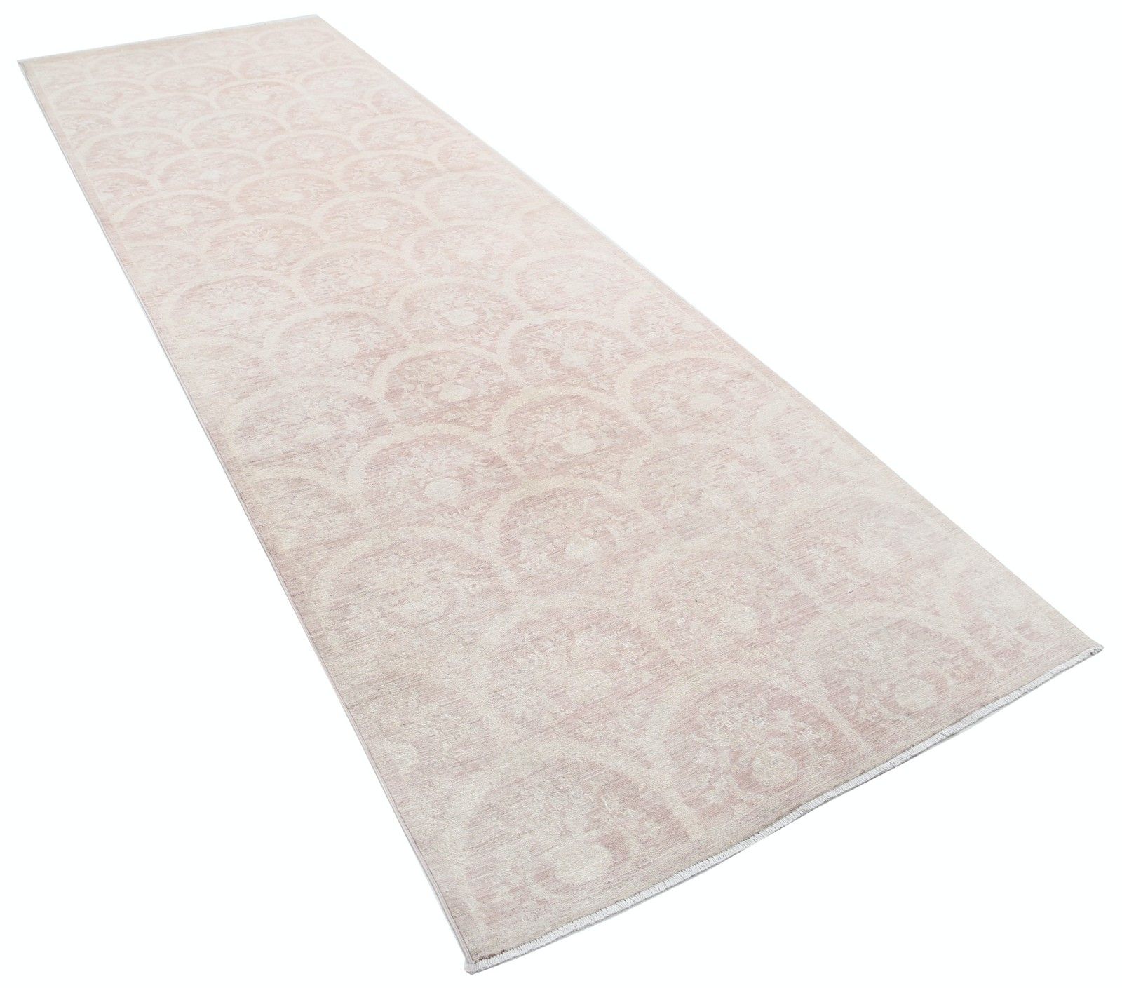 Tapis de couloir noué à la main, ivoire et rose pâle, 4 x 12,2 pi - motif ogive en treillis photo furniture
