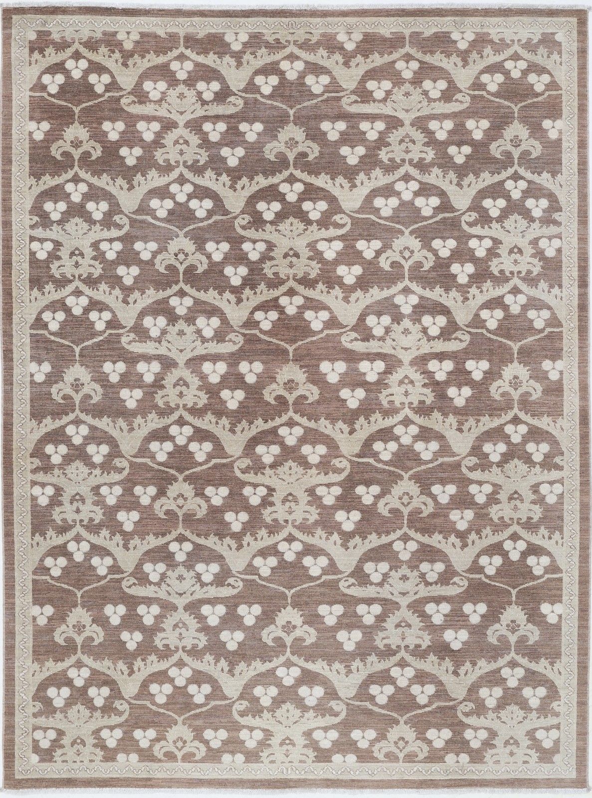 6.3x8.6 Ft Hand Knotted Beige, Brown Area Rug. Turkish Ogee Floral Design Carpet