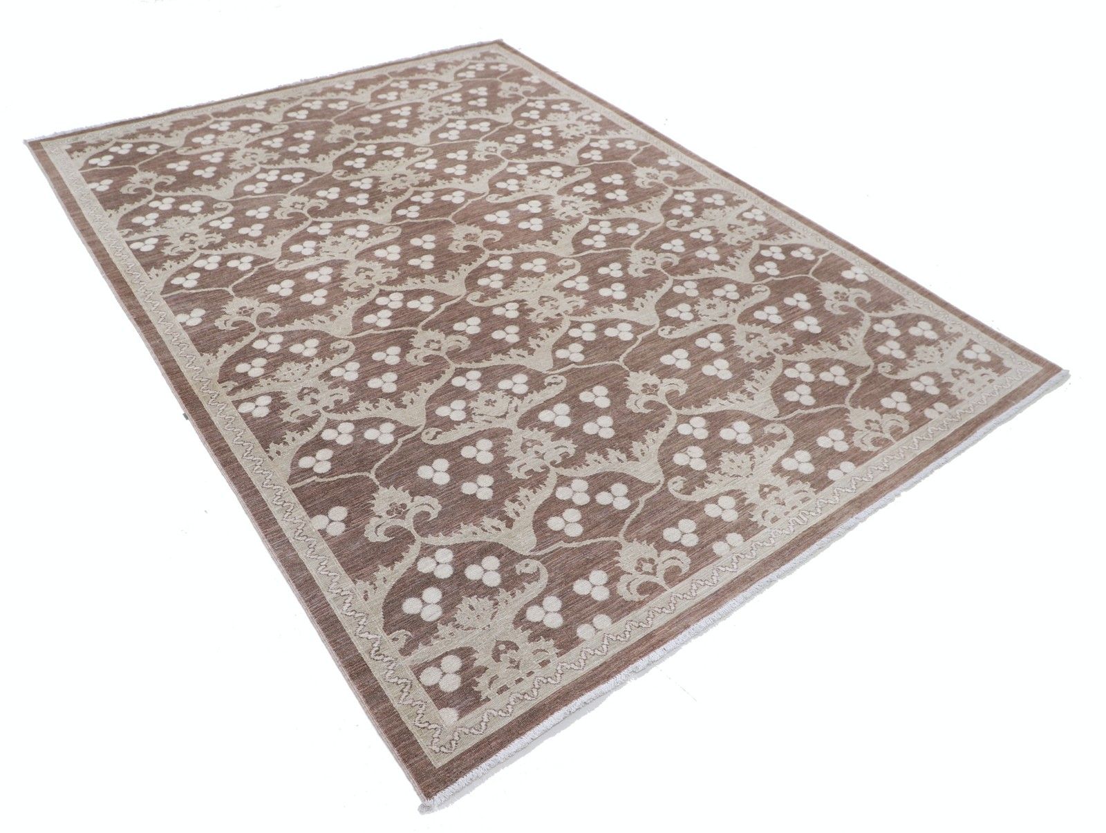 191 x 262 cm Handgeknoopt Beige, Bruin Vloerkleed. Turks Tapijt met Floraal Ogee-motief photo furniture