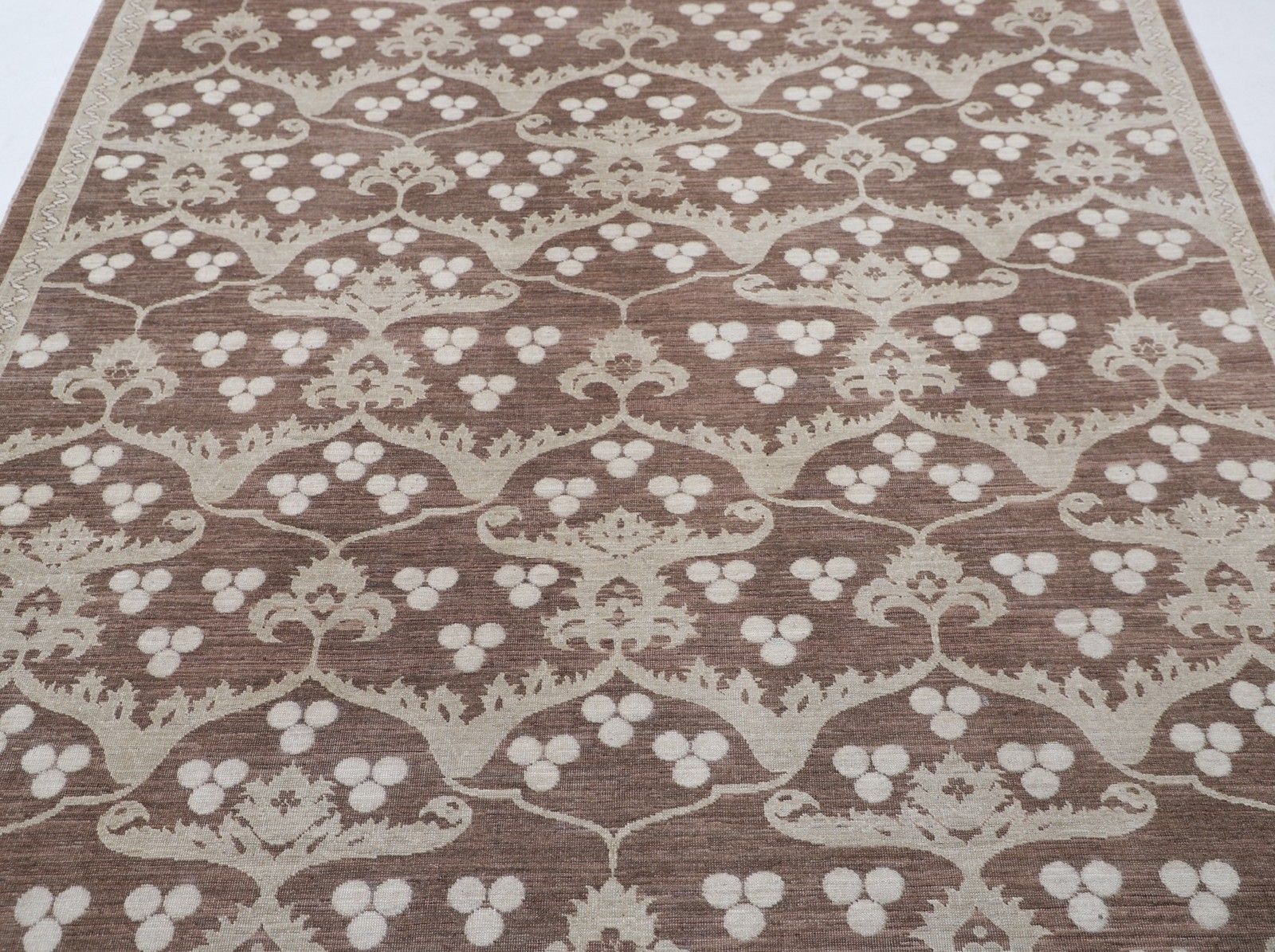 6.3x8.6 Ft Hand Knotted Beige, Brown Area Rug. Turkish Ogee Floral Design Carpet photo for sale