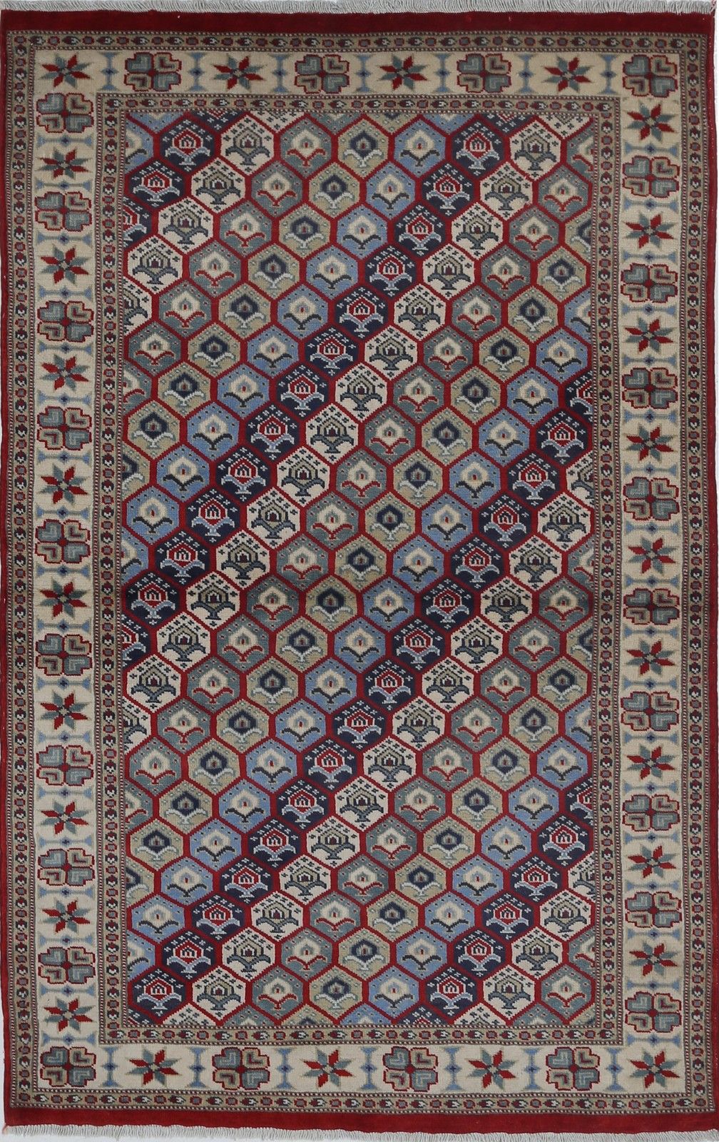 Tapis à motif de treillis hexagonal, noué à la main, rouge, ivoire et bleu marine, 97 x 153 cm