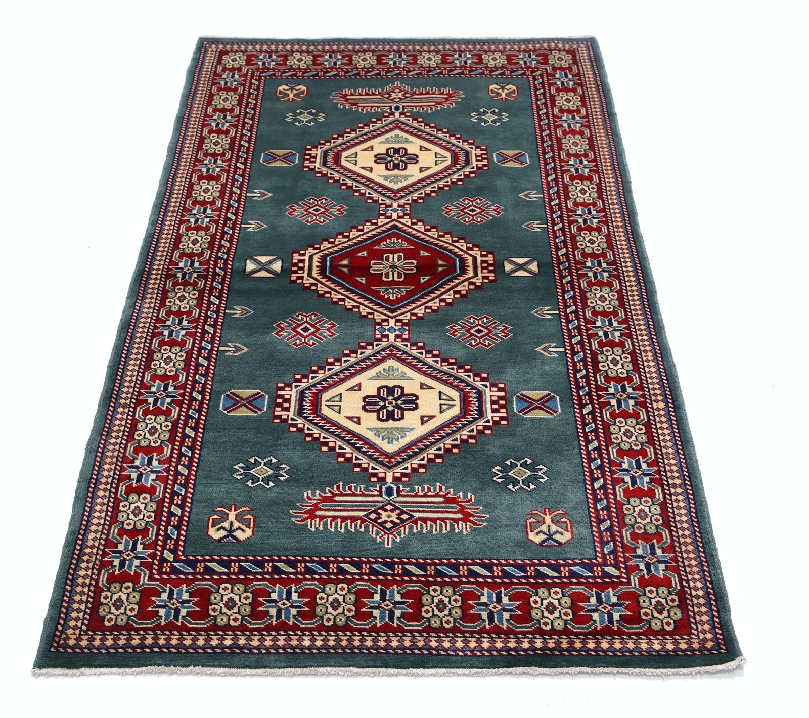 3x5 Ft Hand Knotted Slate Blue, Red, Ivory Tribal Accent Rug. Geometric Wool Rug photo Textiles