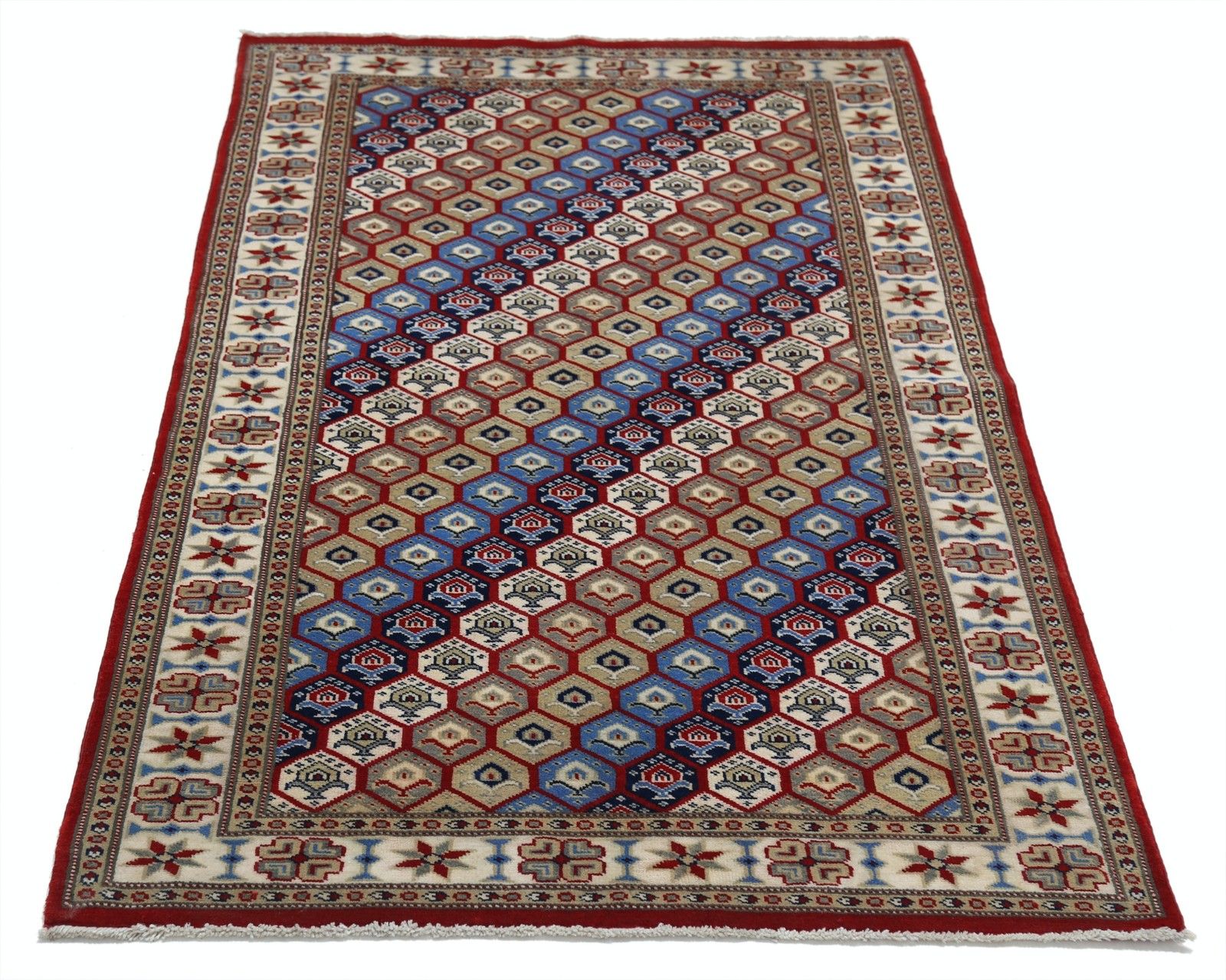3.2x5 Ft Hand Knotted Red, Ivory, Navy Blue Area Rug With Hexagon Lattice Design photo Textiles