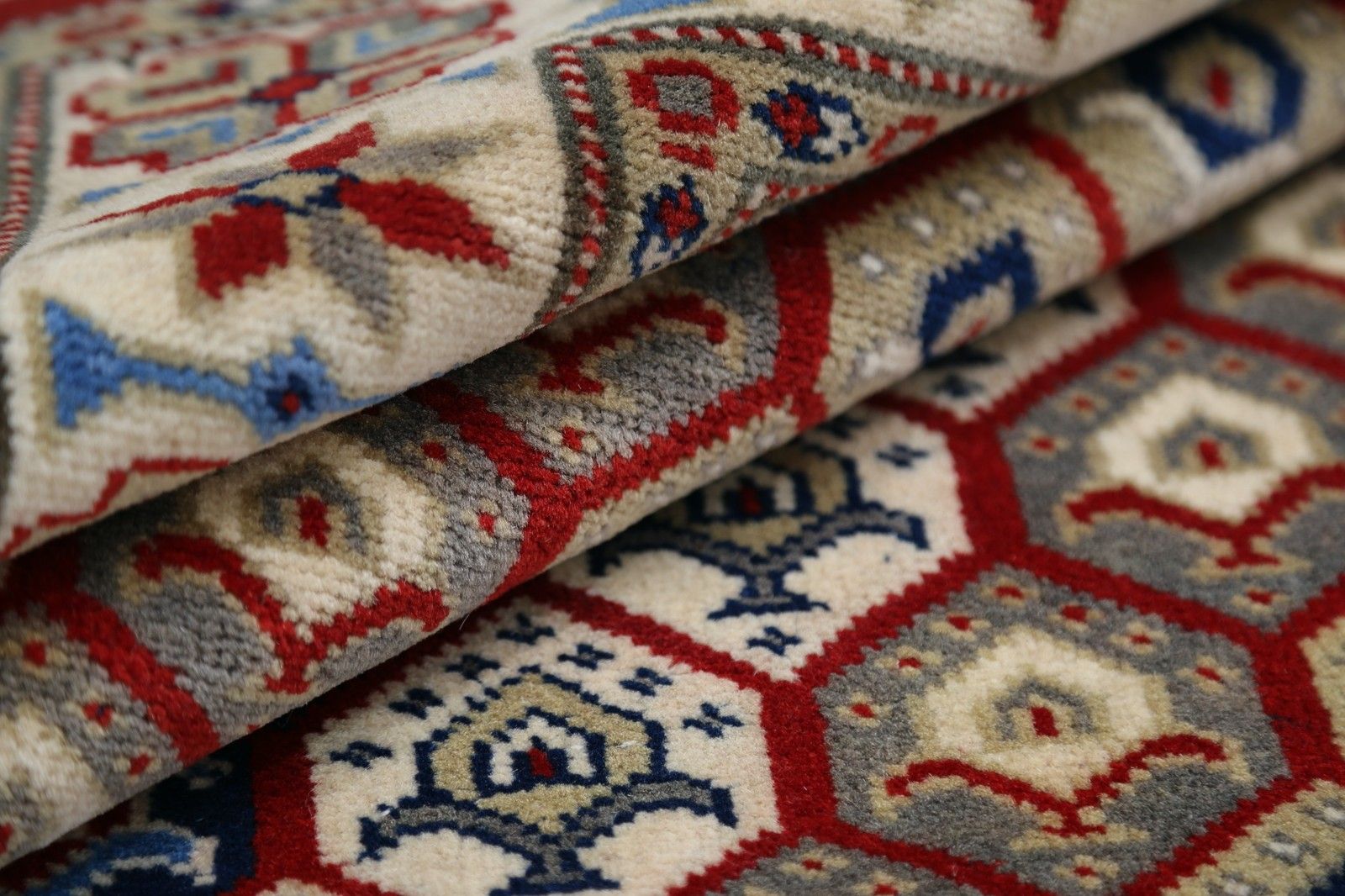 3.2x5 Ft Hand Knotted Red, Ivory, Navy Blue Area Rug With Hexagon Lattice Design photo vinterior