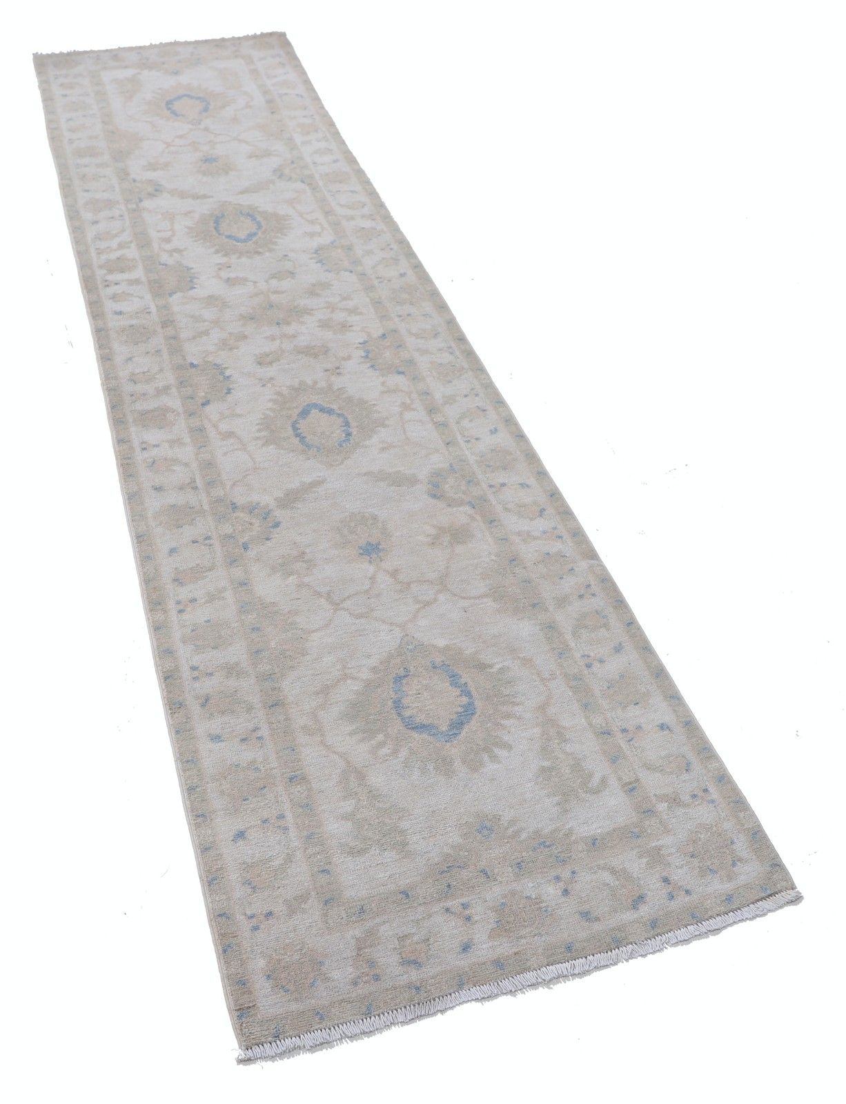 2.5x9.6 Ft Hand Knotted Floral Wool Runner Rug. Muted Tone Hallway, Corridor Rug photo furniture