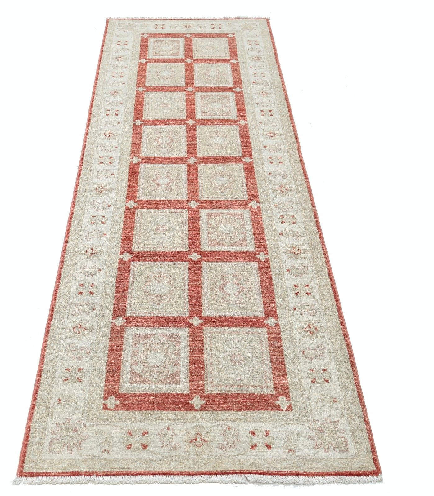 Tapis de couloir en laine, noué à la main, rouge et ivoire, 2,6 x 8 pi. Motif géométrique photo Textiles