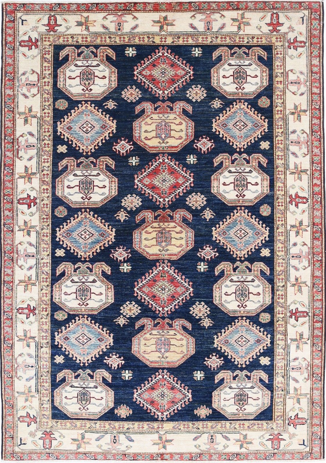 5.7x8 Ft Handknotted Navy Blue, Red, Ivory Area Rug With Geometric Design