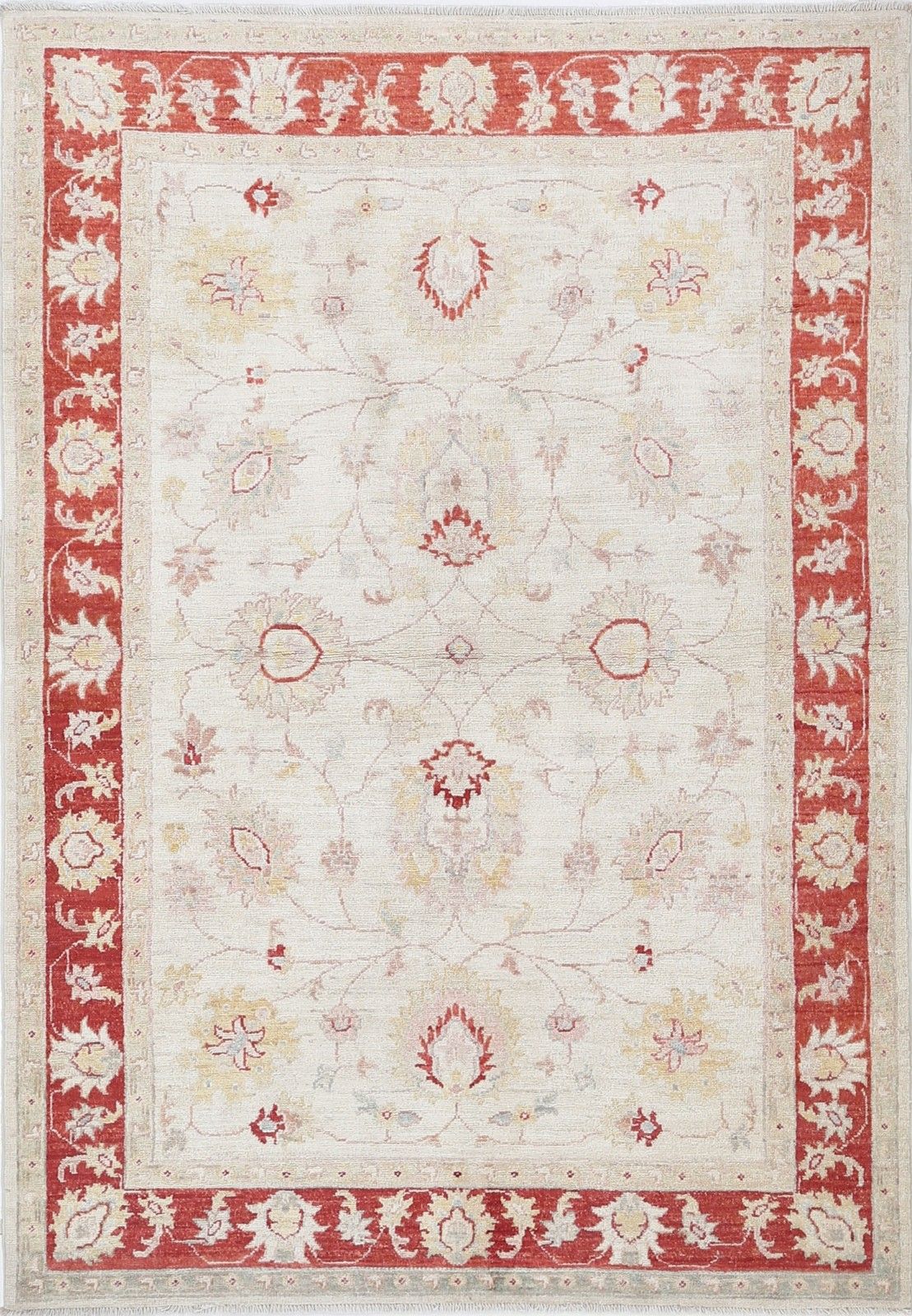 4x6 Ft Hand Knotted Floral Turkish Area Rug With Beige Field And Red Border