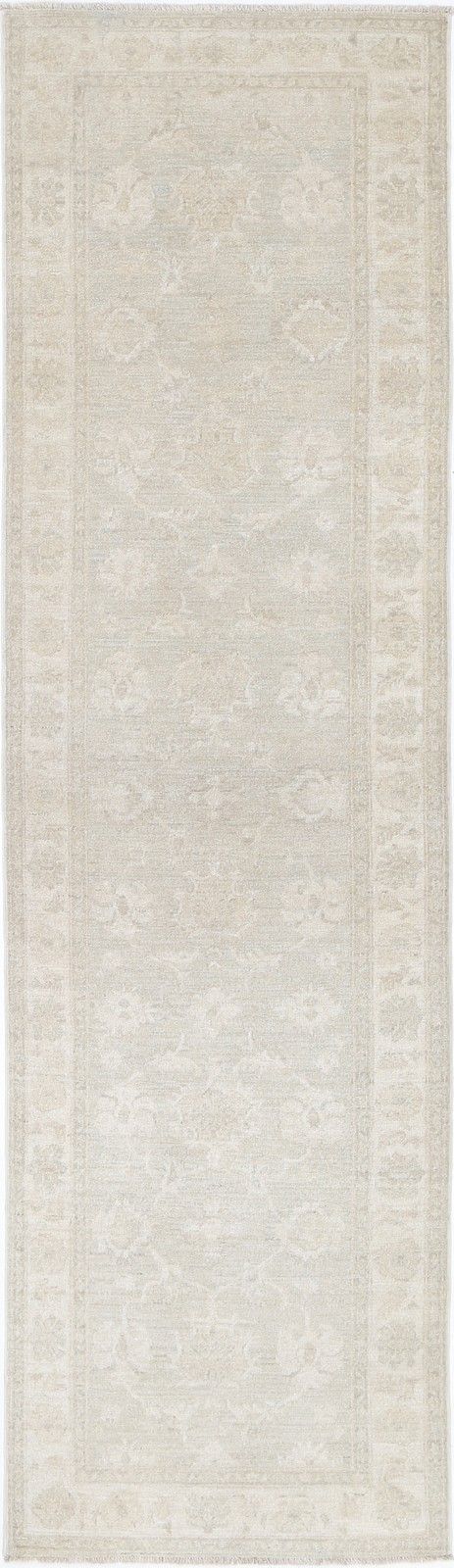 2.6x10 Ft Hand Knotted Floral Oushak Wool Runner Rug. Soft Colored Hallway Rug